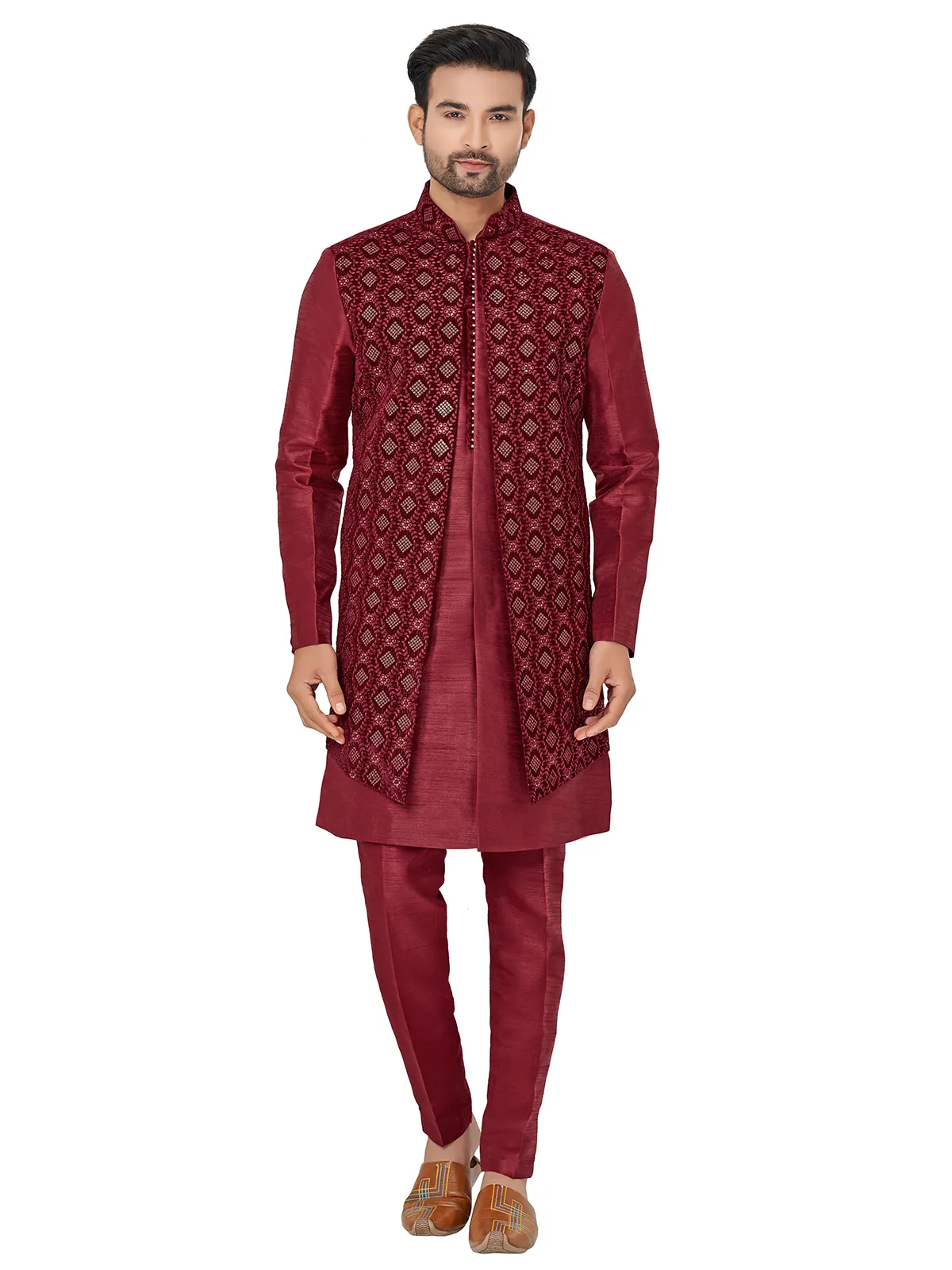 Maroon wedding look silk indowestern