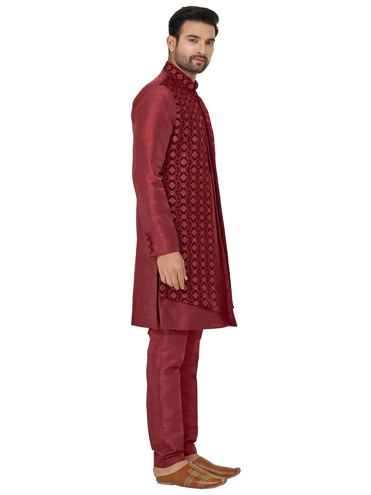 Maroon wedding look silk indowestern