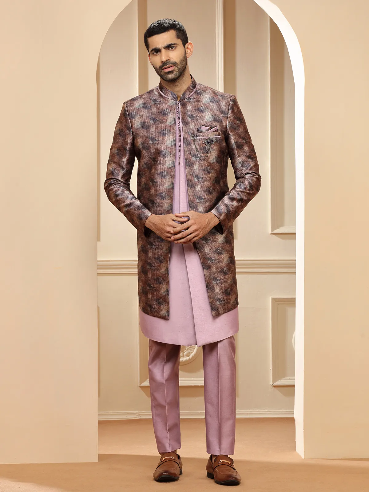 Mauve pink raw silk printed indowestern