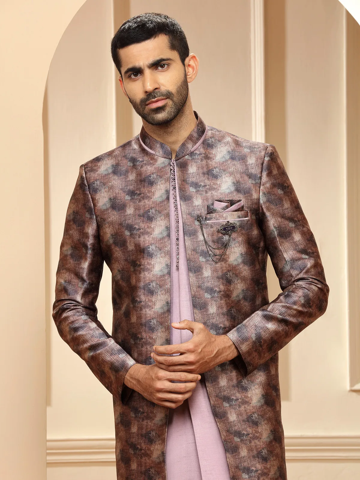 Mauve pink raw silk printed indowestern