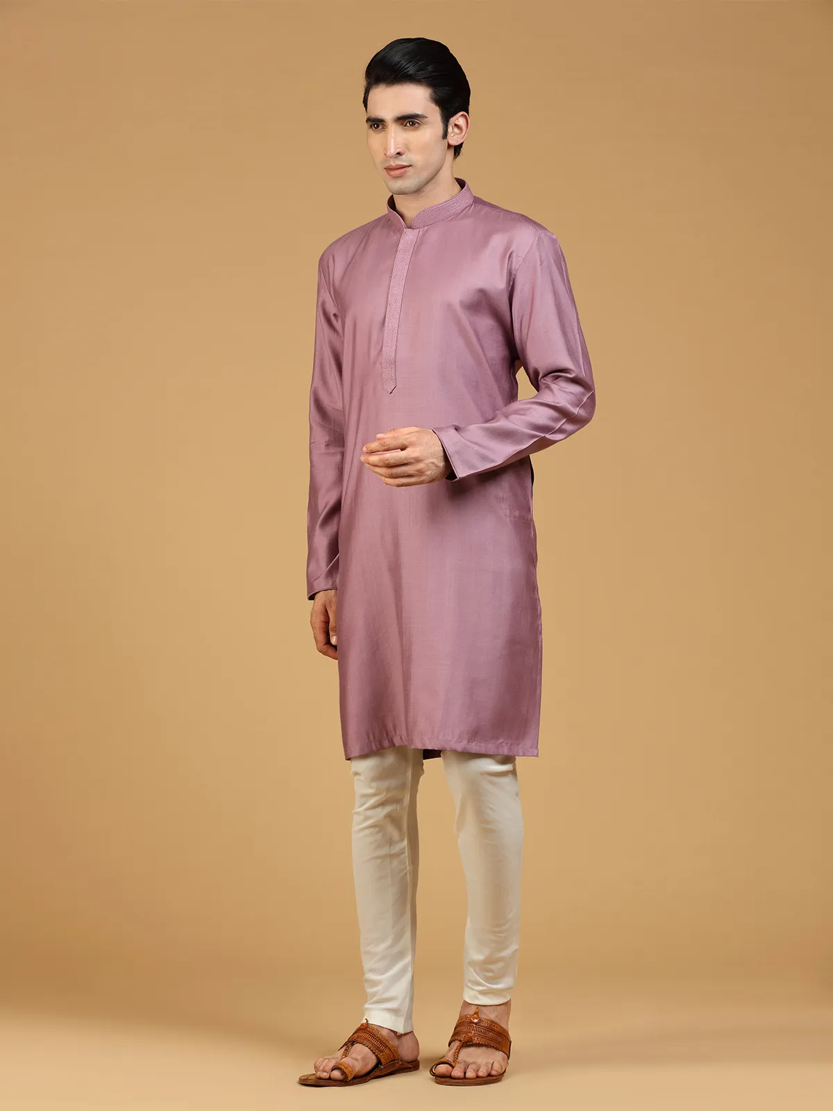 Mauve pink silk plain kurta suit