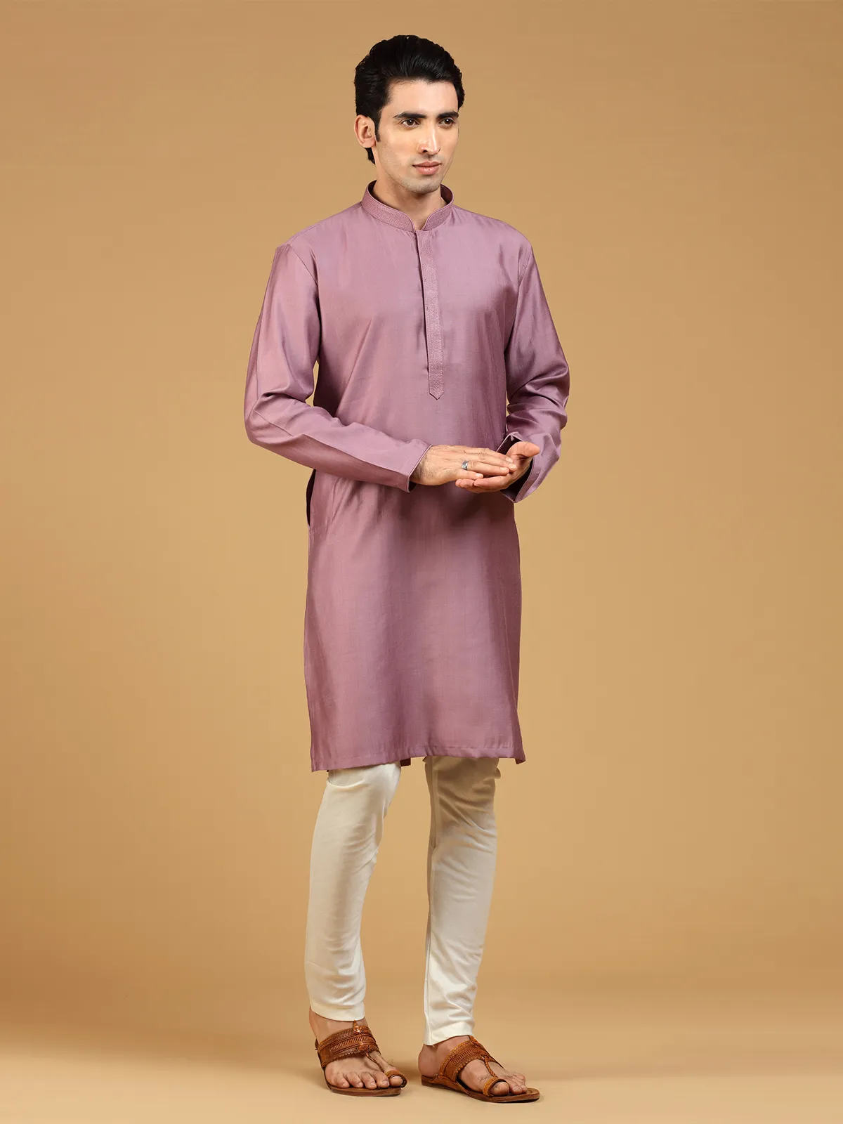 Mauve pink silk plain kurta suit