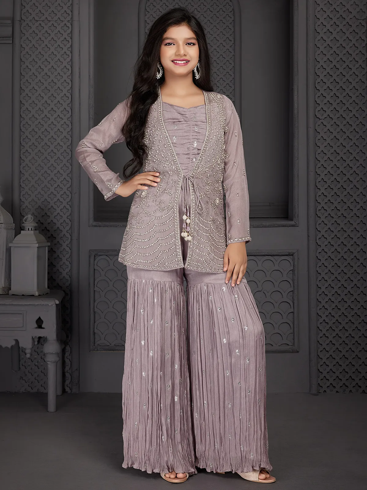 Mauve purple chiffon sharara suit