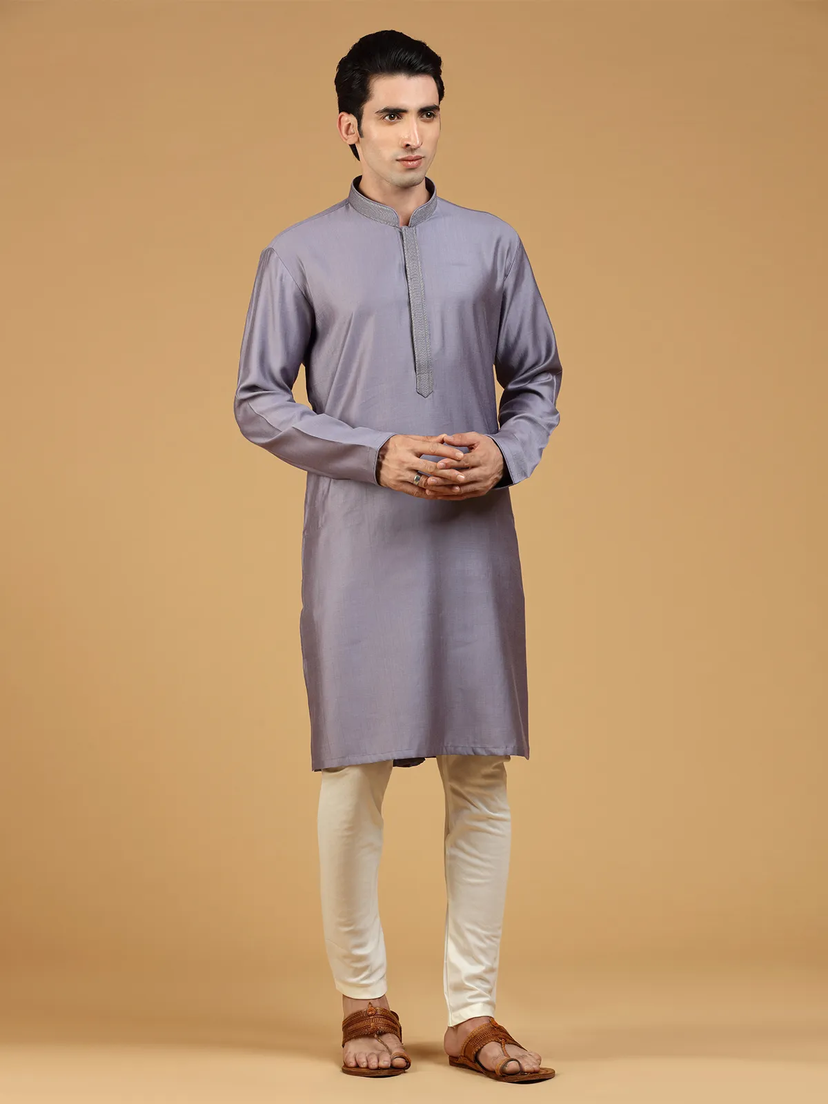 Mauve purple plain kurta suit in silk