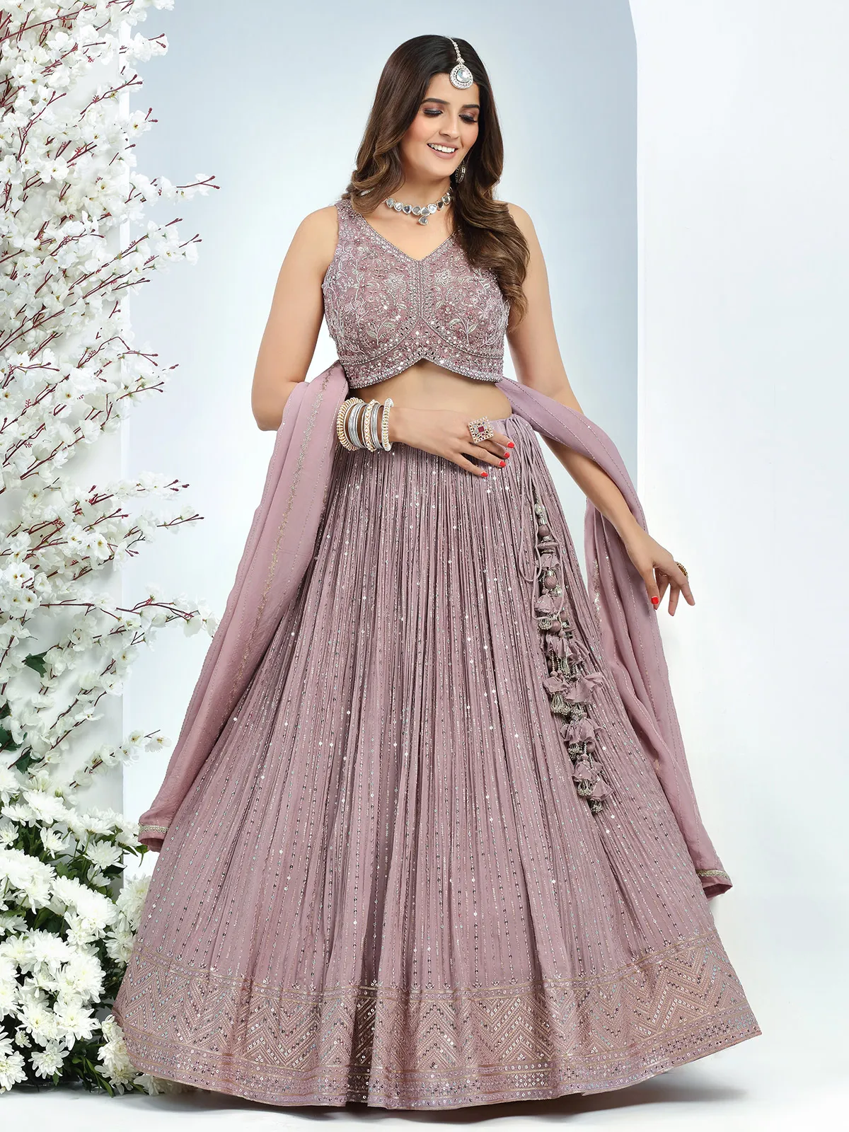 Mauve purple wedding lehenga choli in georgette