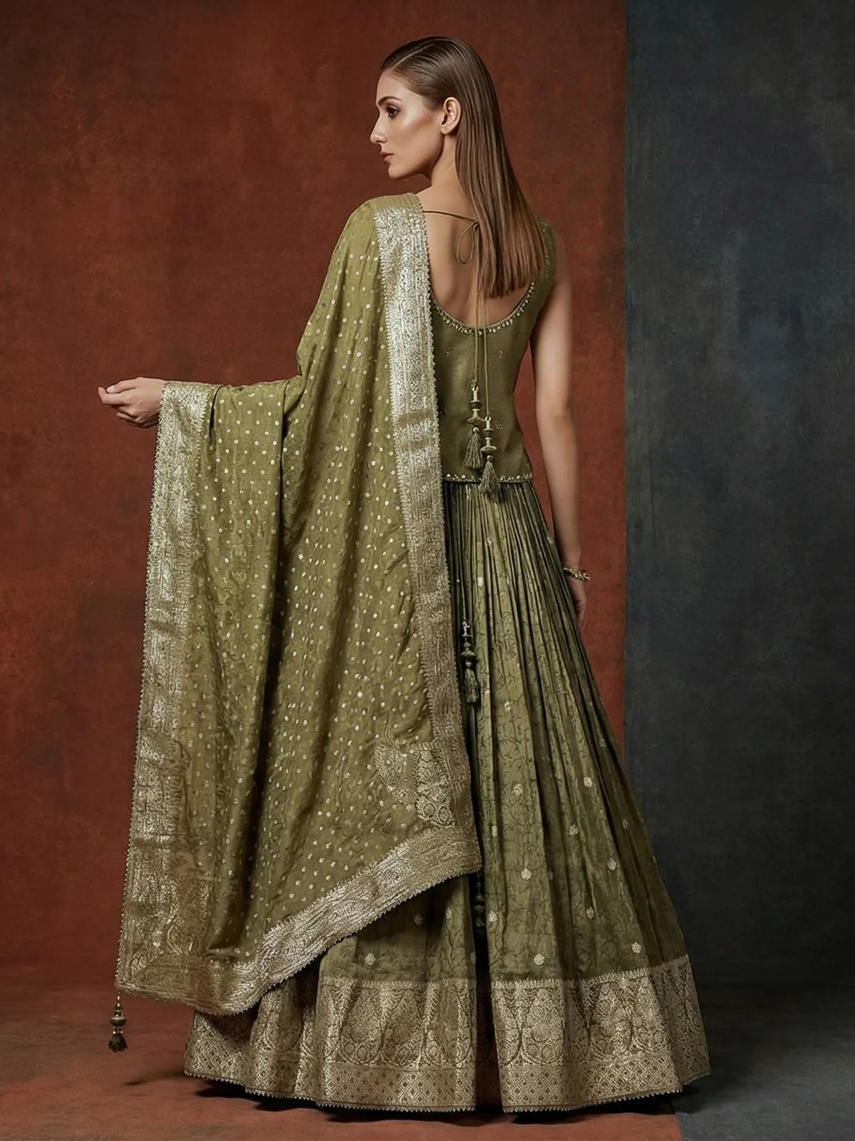 Mehendi green banarasi silk mirror work designer lehenga choli