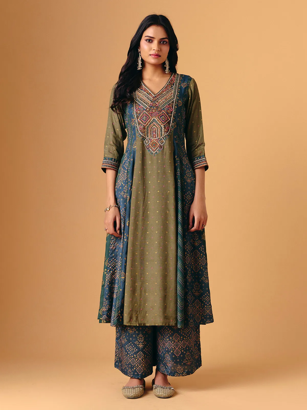 Mehendi green cotton silk v neck palazzo suit for women