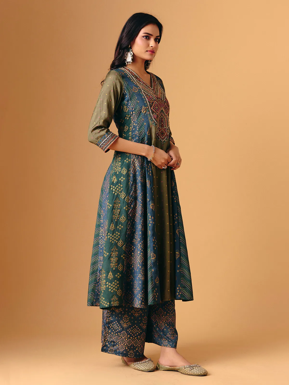Mehendi green cotton silk v neck palazzo suit for women