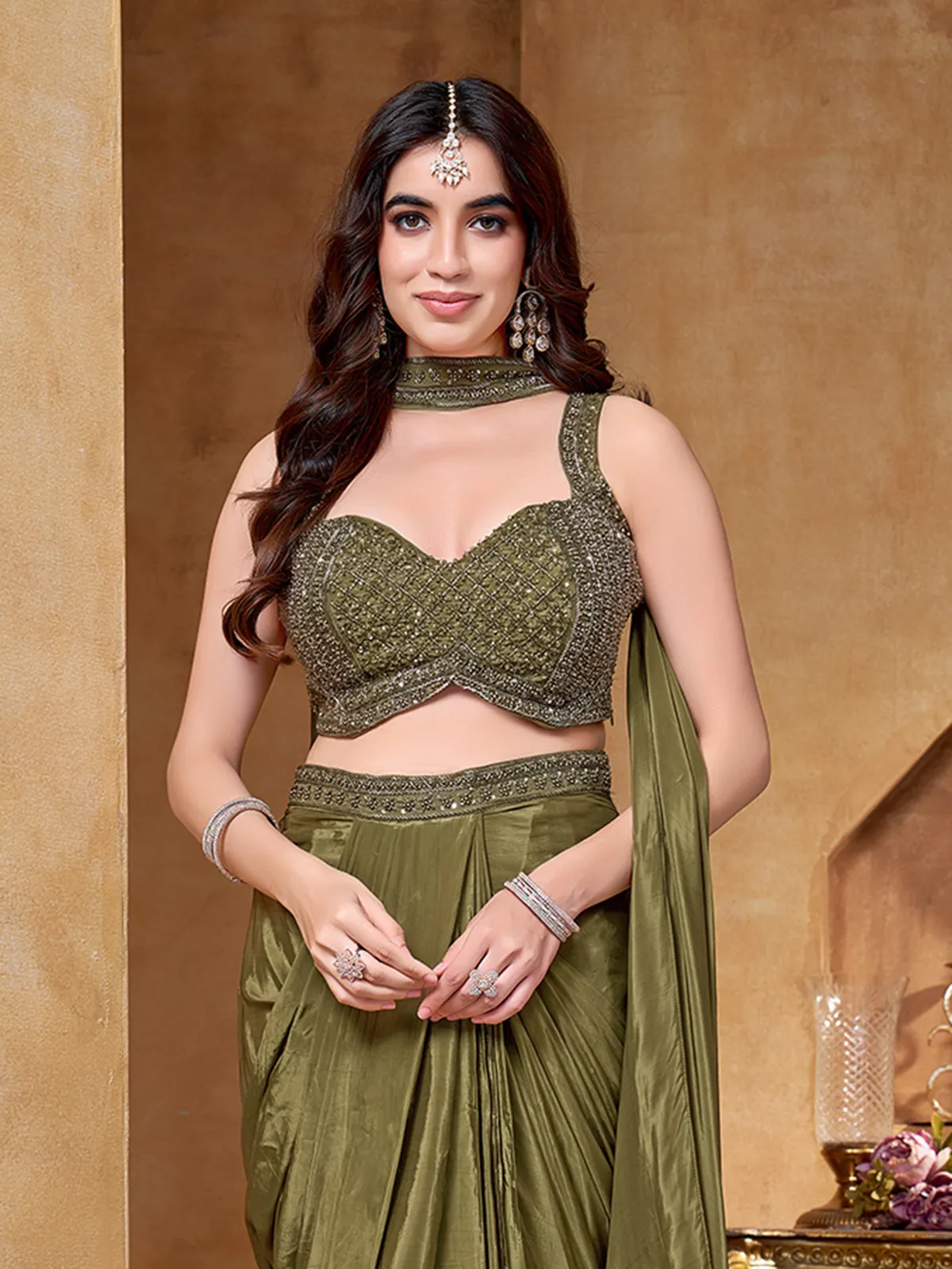 Mehendi green crepe silk indowestern suit for women