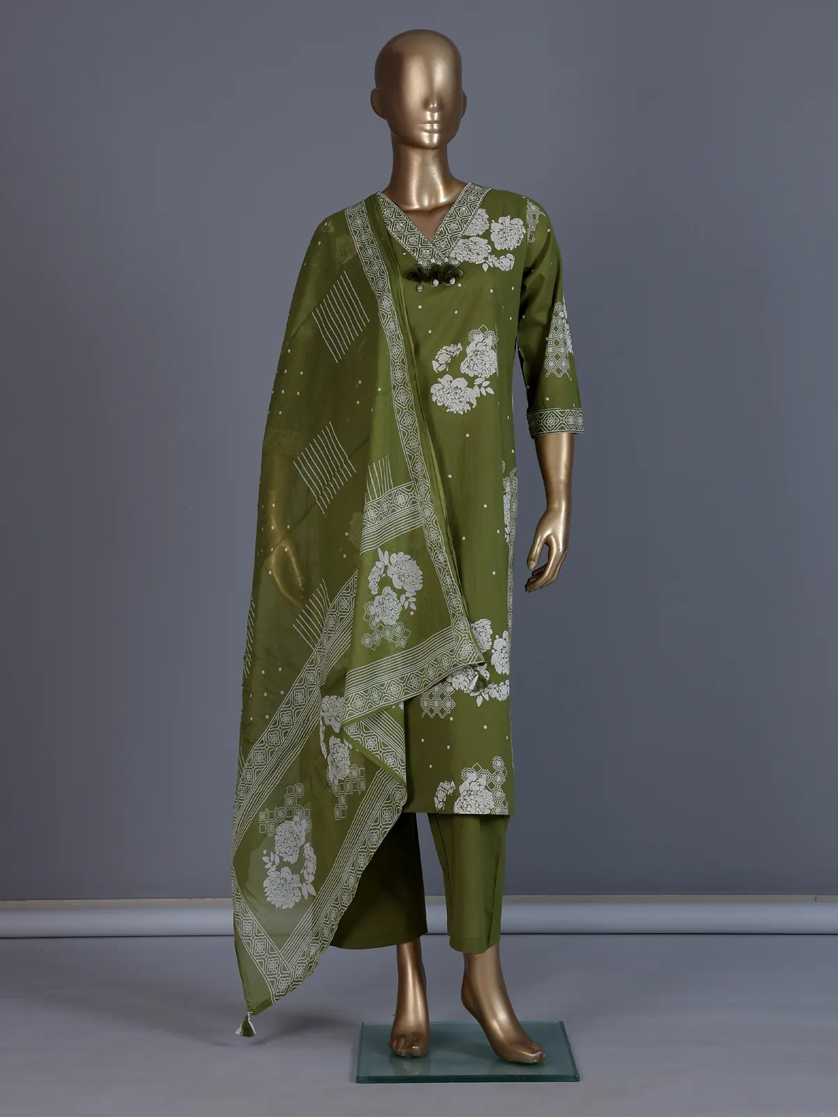 Mehendi green floral printed cotton silk kurti set