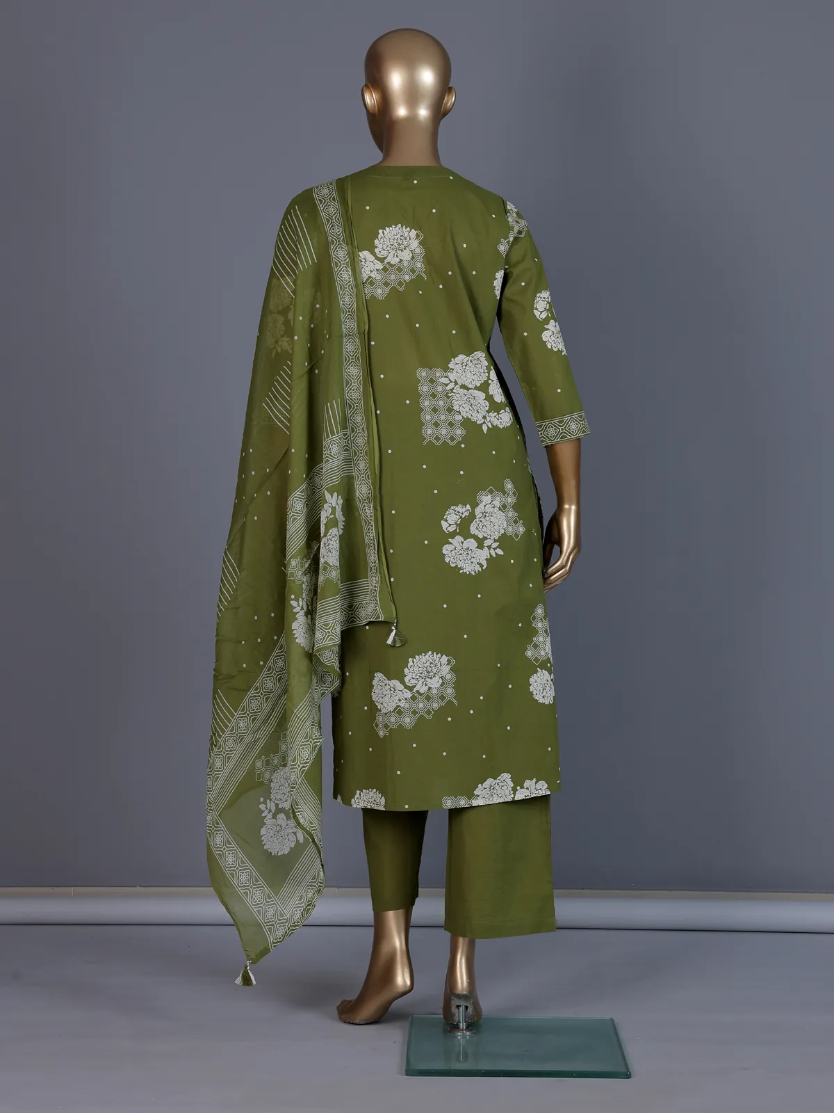 Mehendi green floral printed cotton silk kurti set
