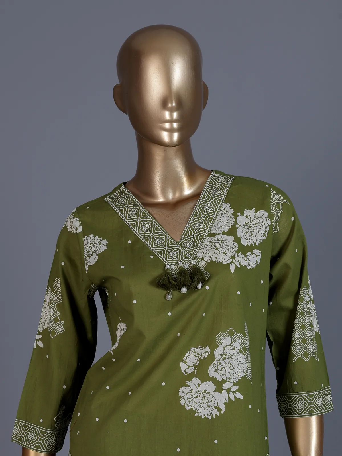 Mehendi green floral printed cotton silk kurti set