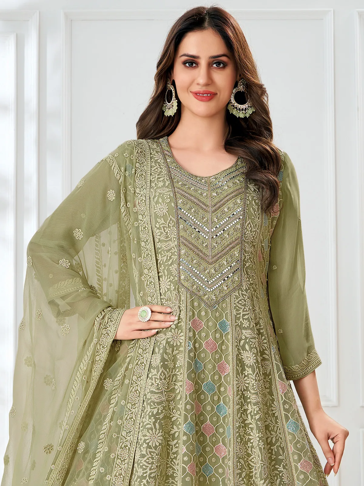 mehandi green dress Mehndi Green Crepe Gota Work Party Wear Gown by Naina Seth at Pernia's Pop Up Shop 2026