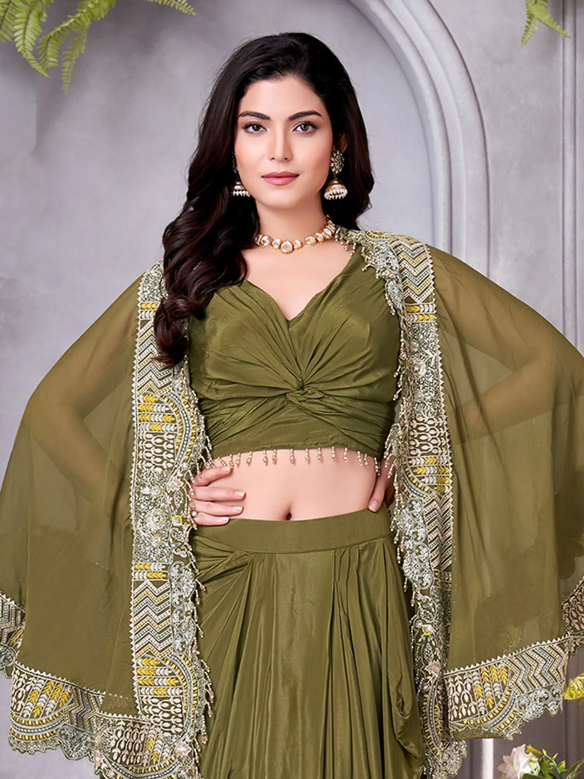 Mehendi green indowestern suit for wedding celebration