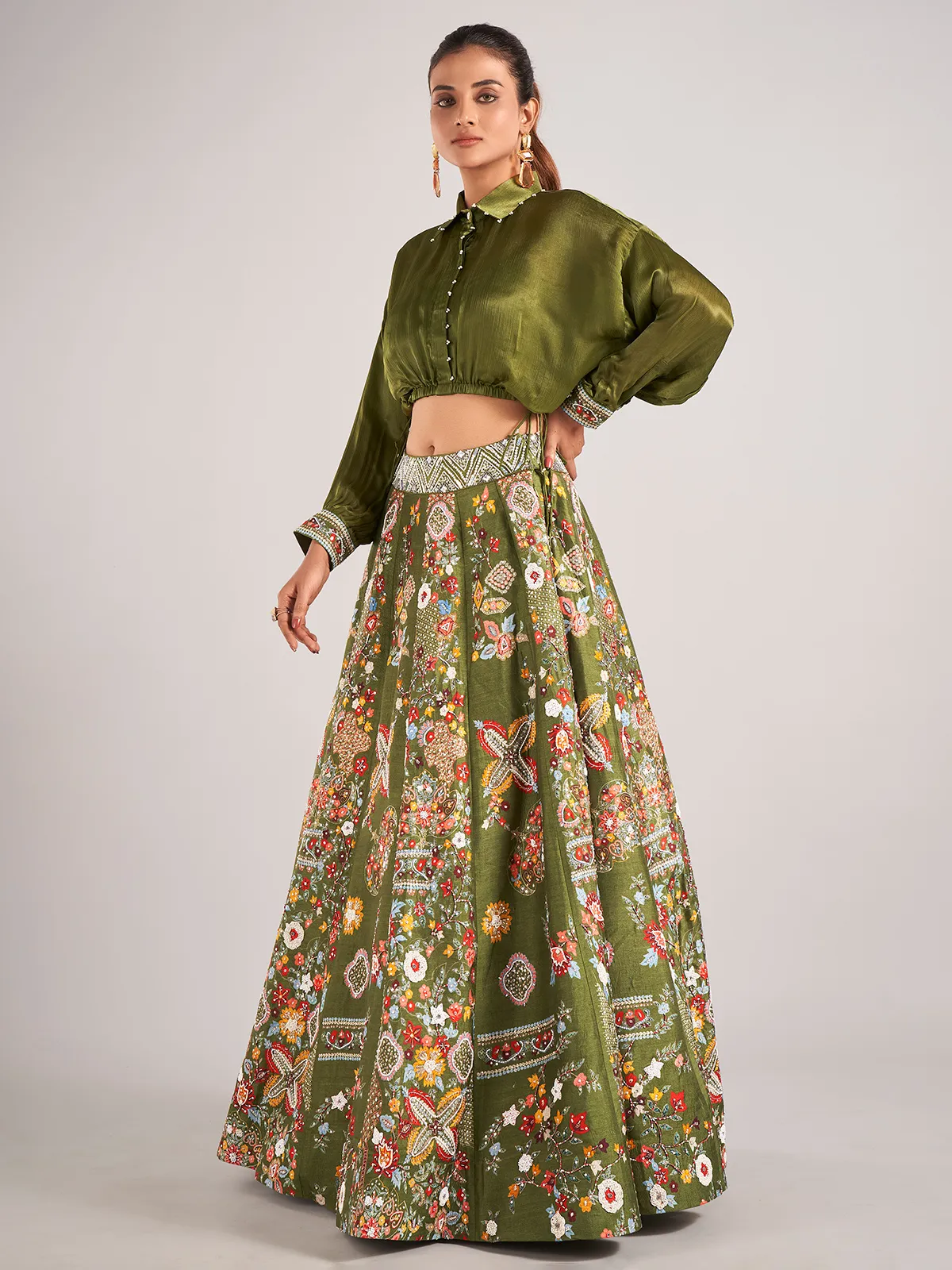Mehendi green printed silk lehenga choli