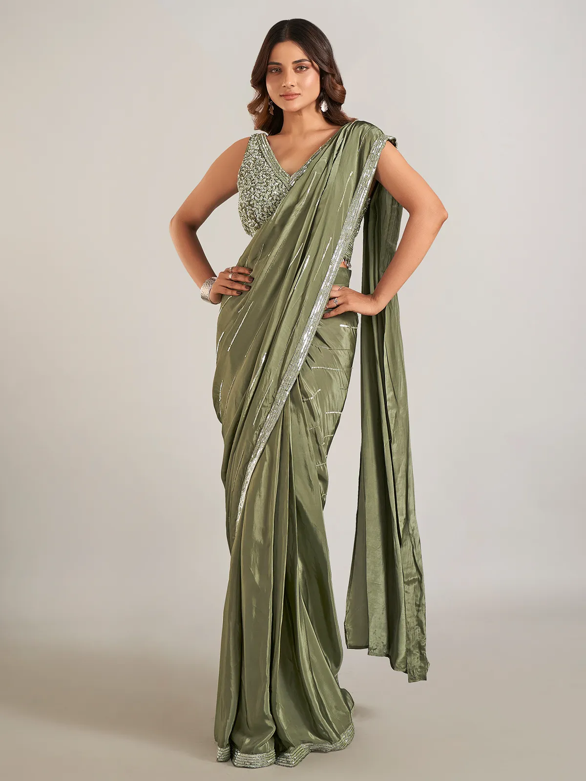 Mehendi green satin silk party wear saree