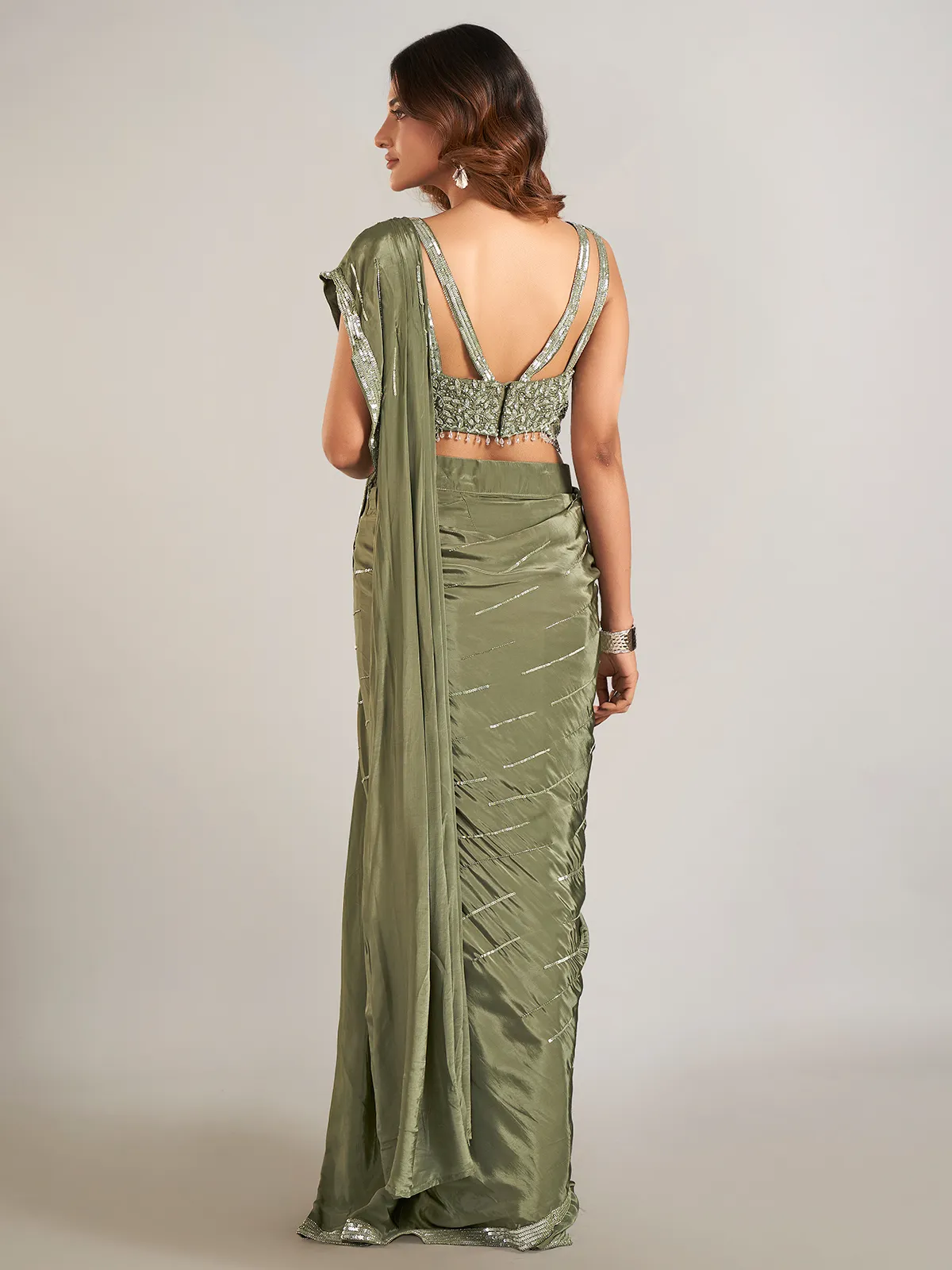 Mehendi green satin silk party wear saree