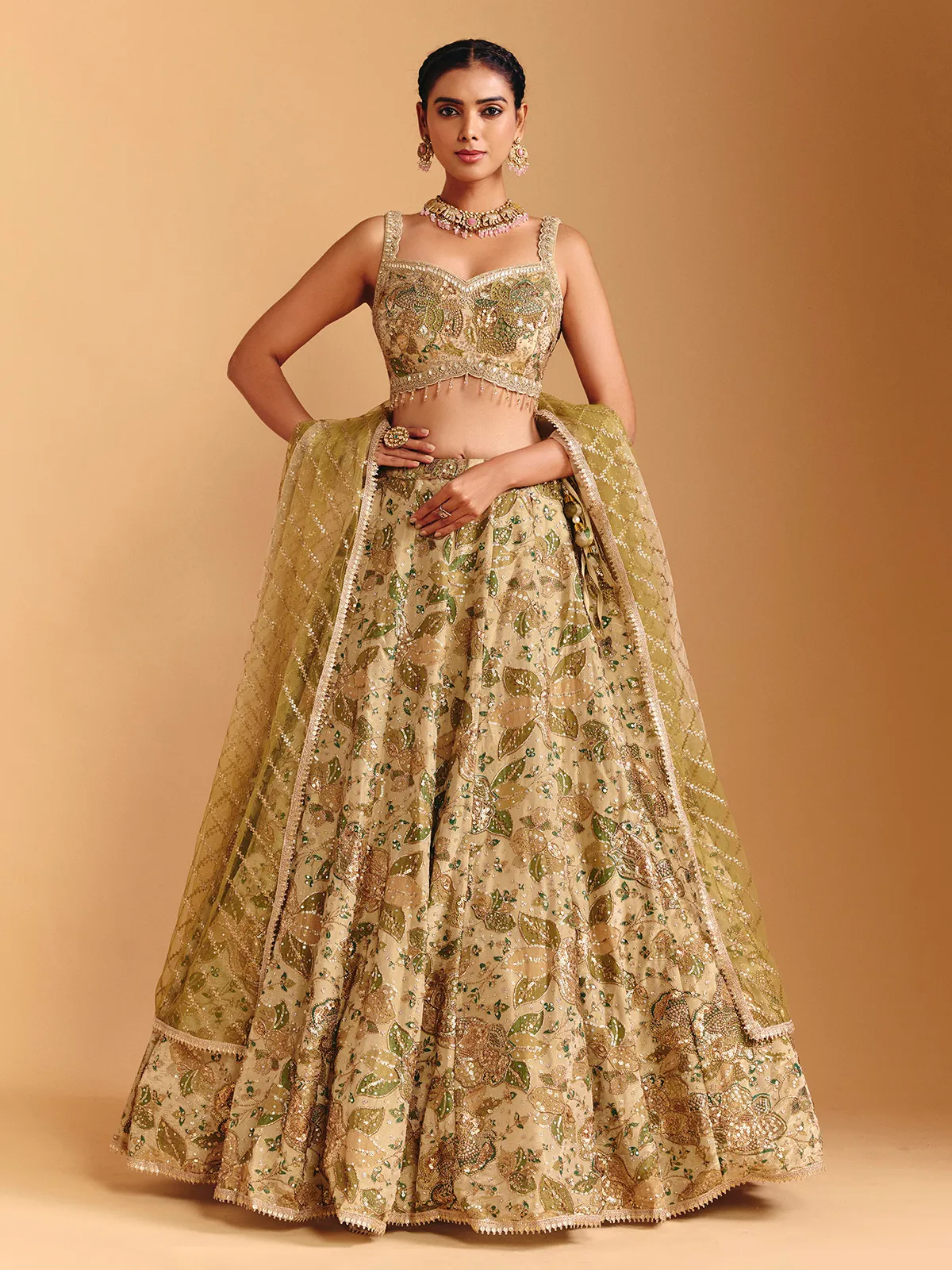 Mehendi green silk lehenga choli with sequin embellishments