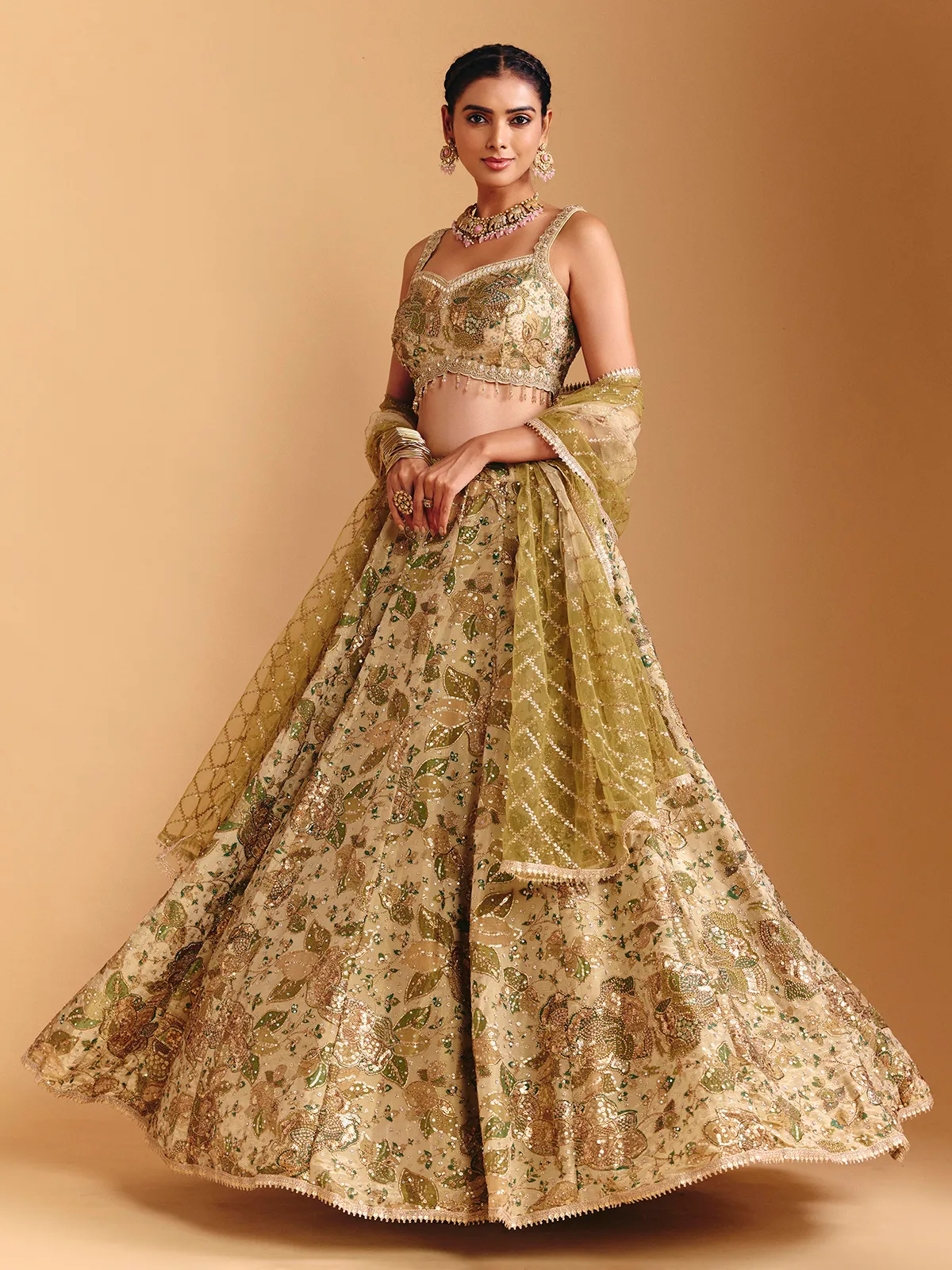 Mehendi green silk lehenga choli with sequin embellishments