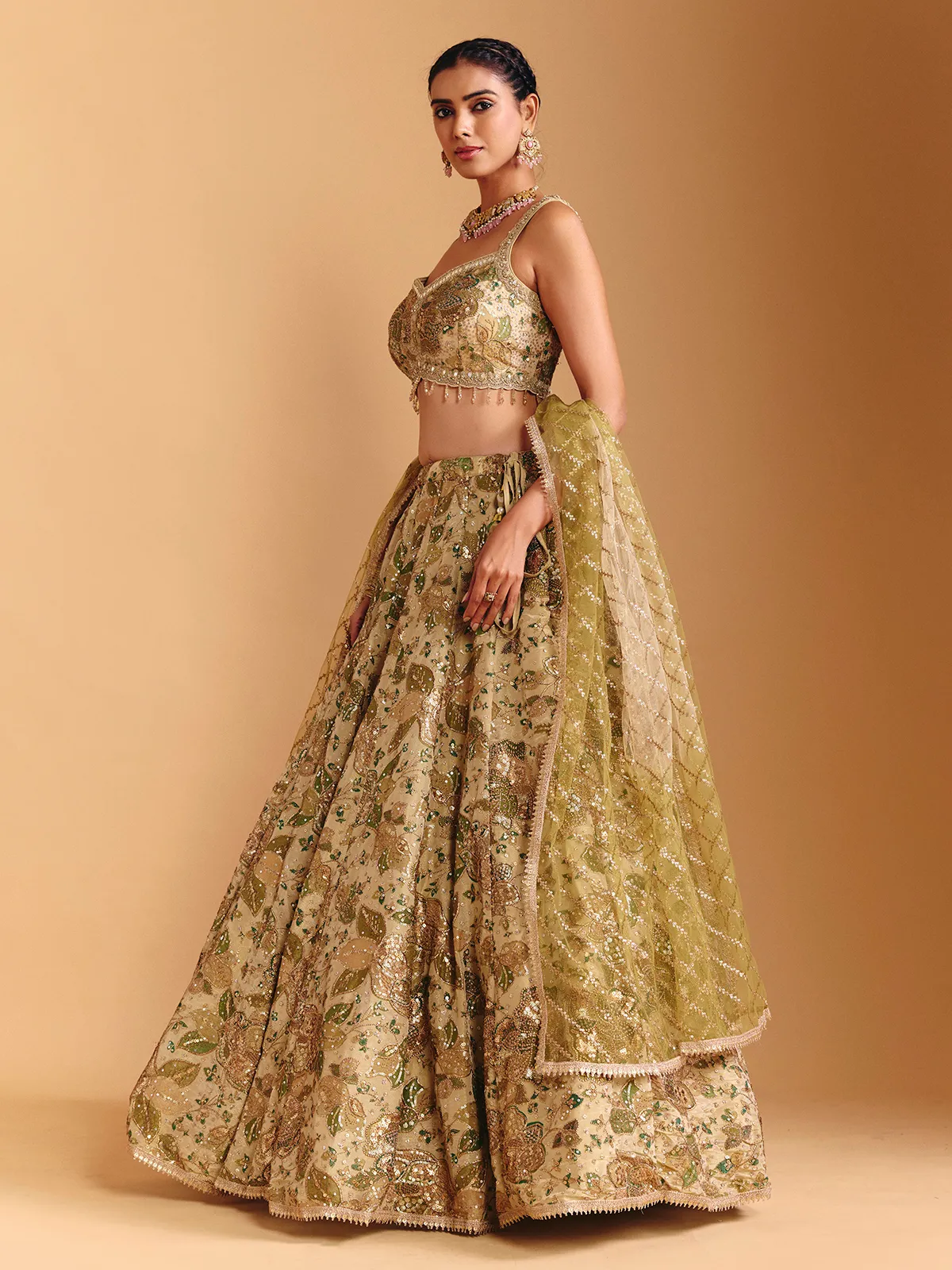 Mehendi green silk lehenga choli with sequin embellishments