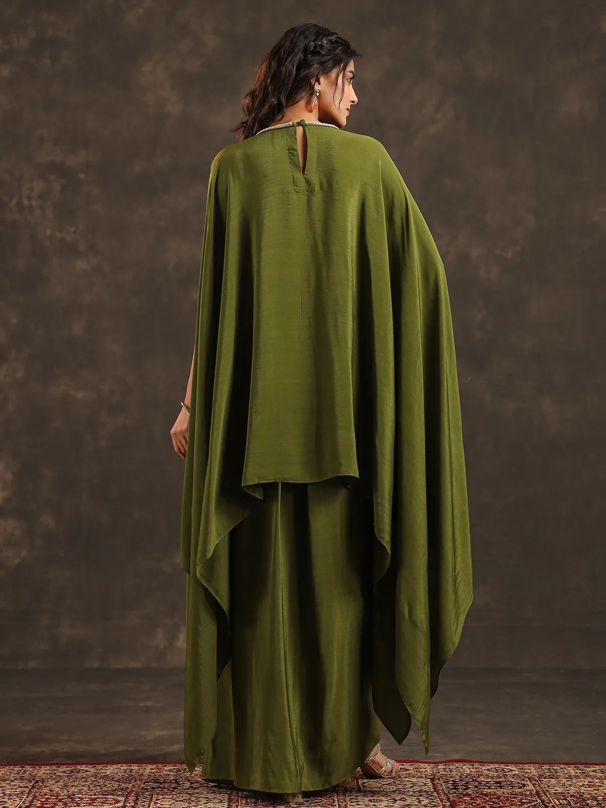 Mehendi green viscose crepe kaftan suit with festive embellishments