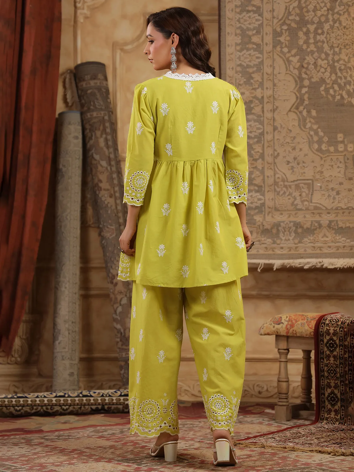 Mehendi yellow embroidered cotton silk kurti set