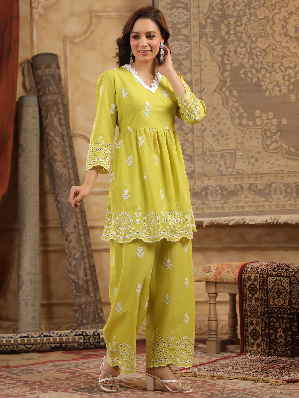 Mehendi yellow embroidered cotton silk kurti set