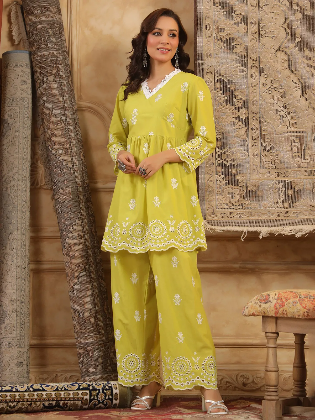 Mehendi yellow embroidered cotton silk kurti set