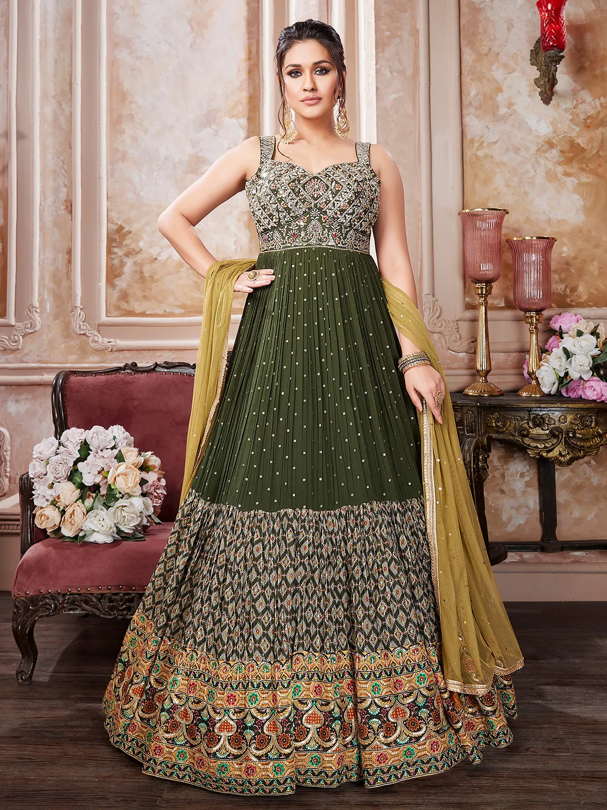 Mehndi green georgette anarkali suit