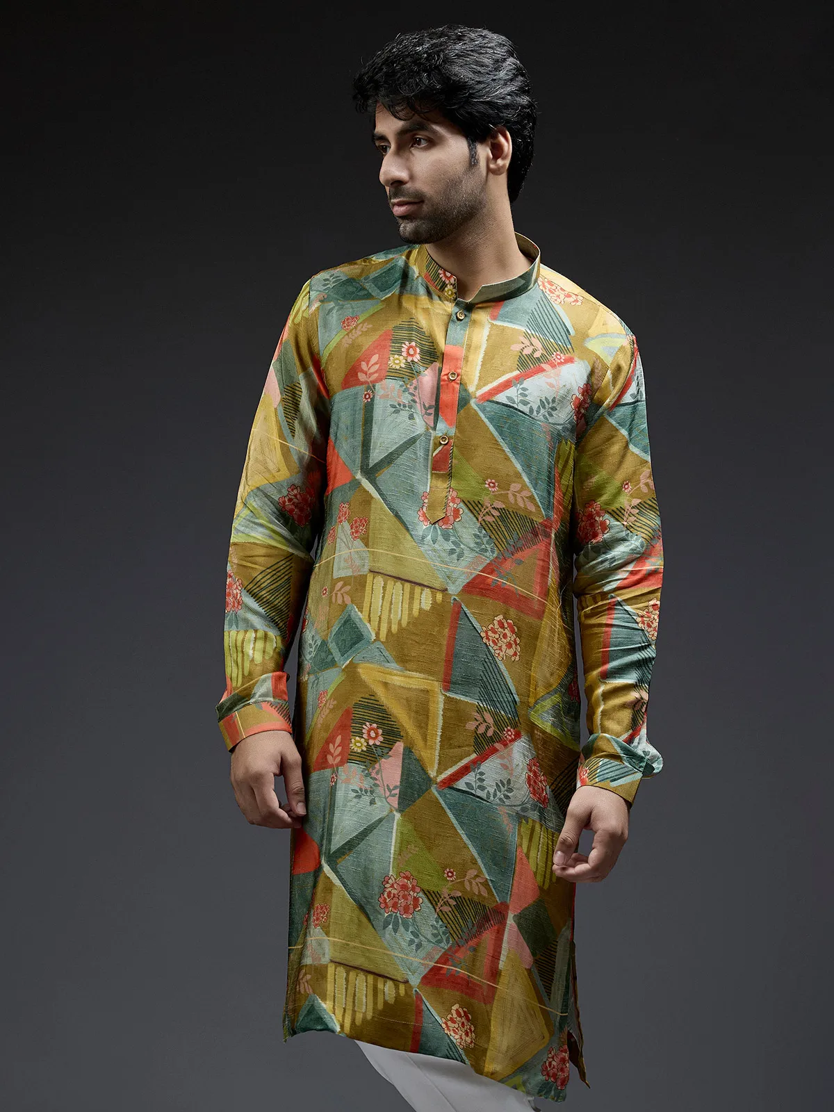 Mehndi yellow silk kurta suit with geometrical printed design