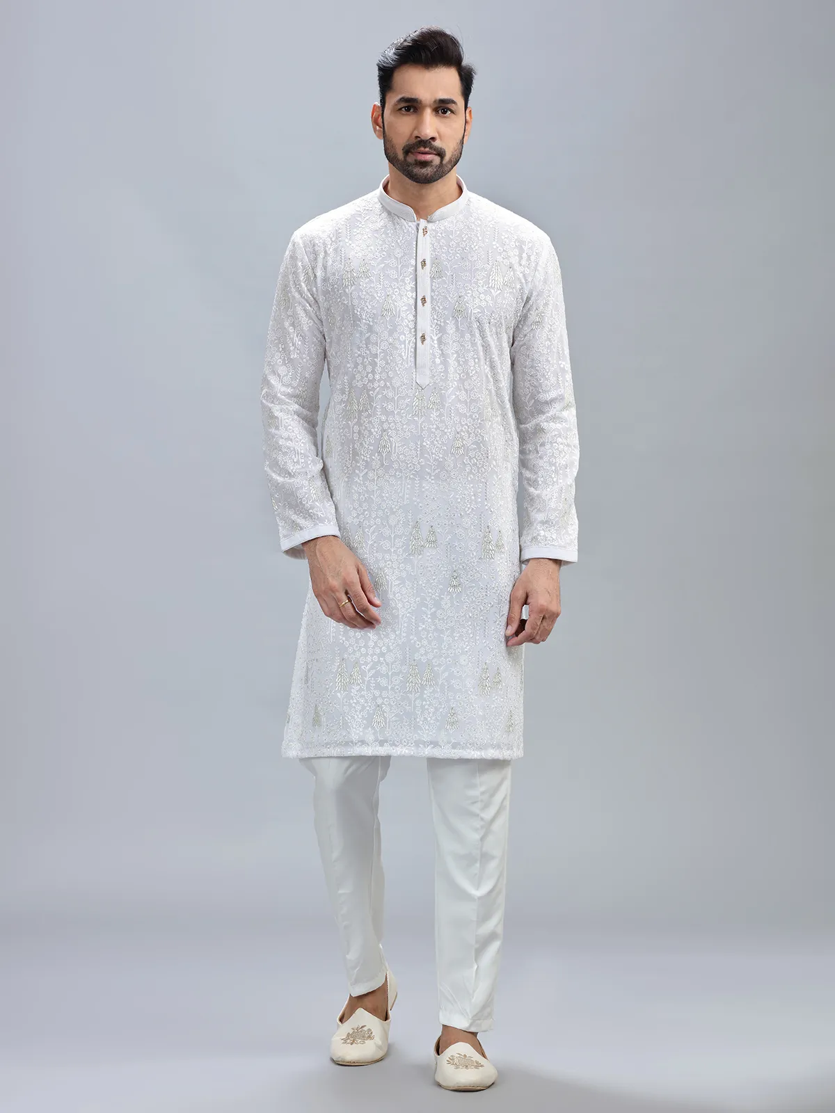 Minimalist white georgette kurta set for men