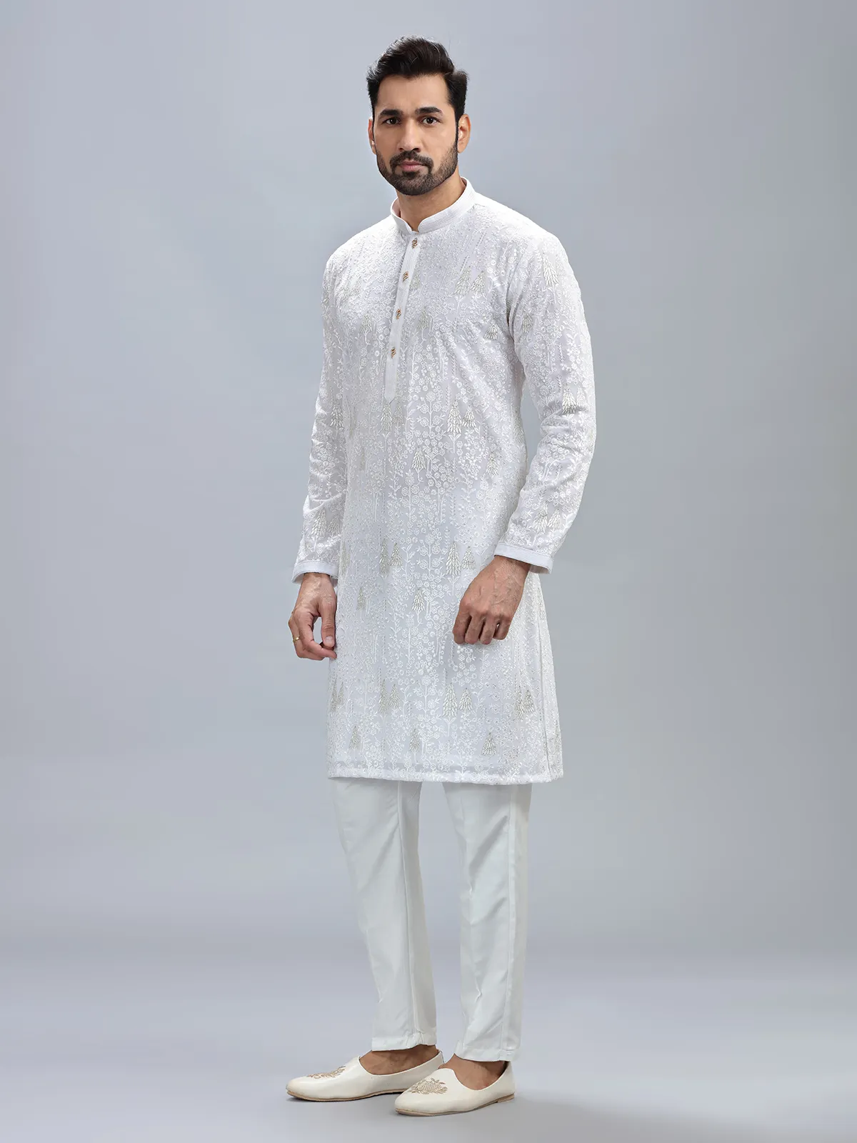 Minimalist white georgette kurta set for men