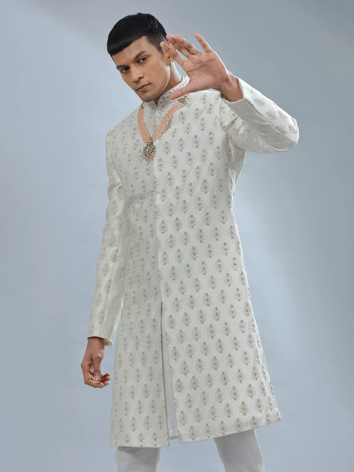 Minimalistic off white raw silk sherwani