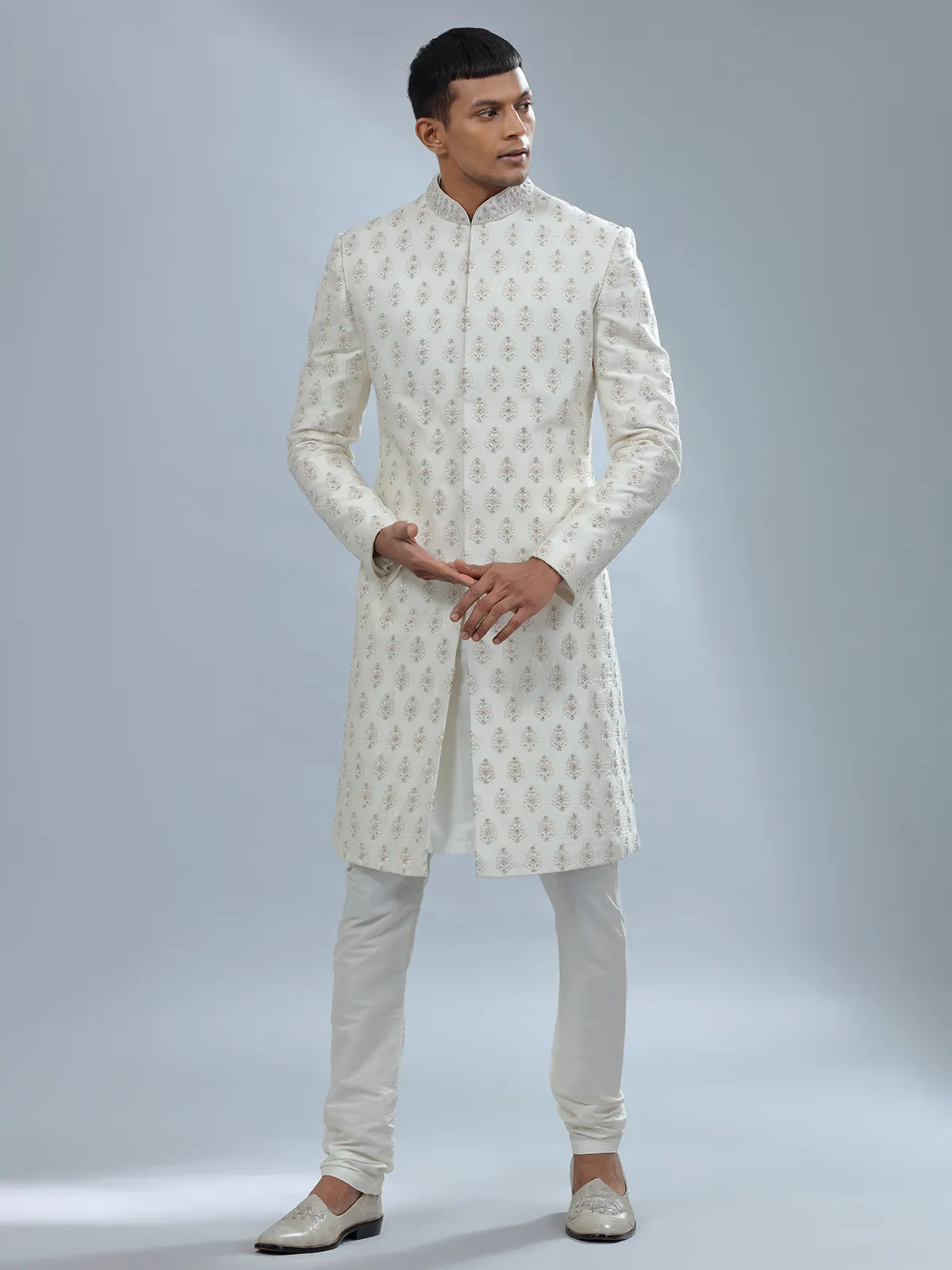 Minimalistic off white raw silk sherwani