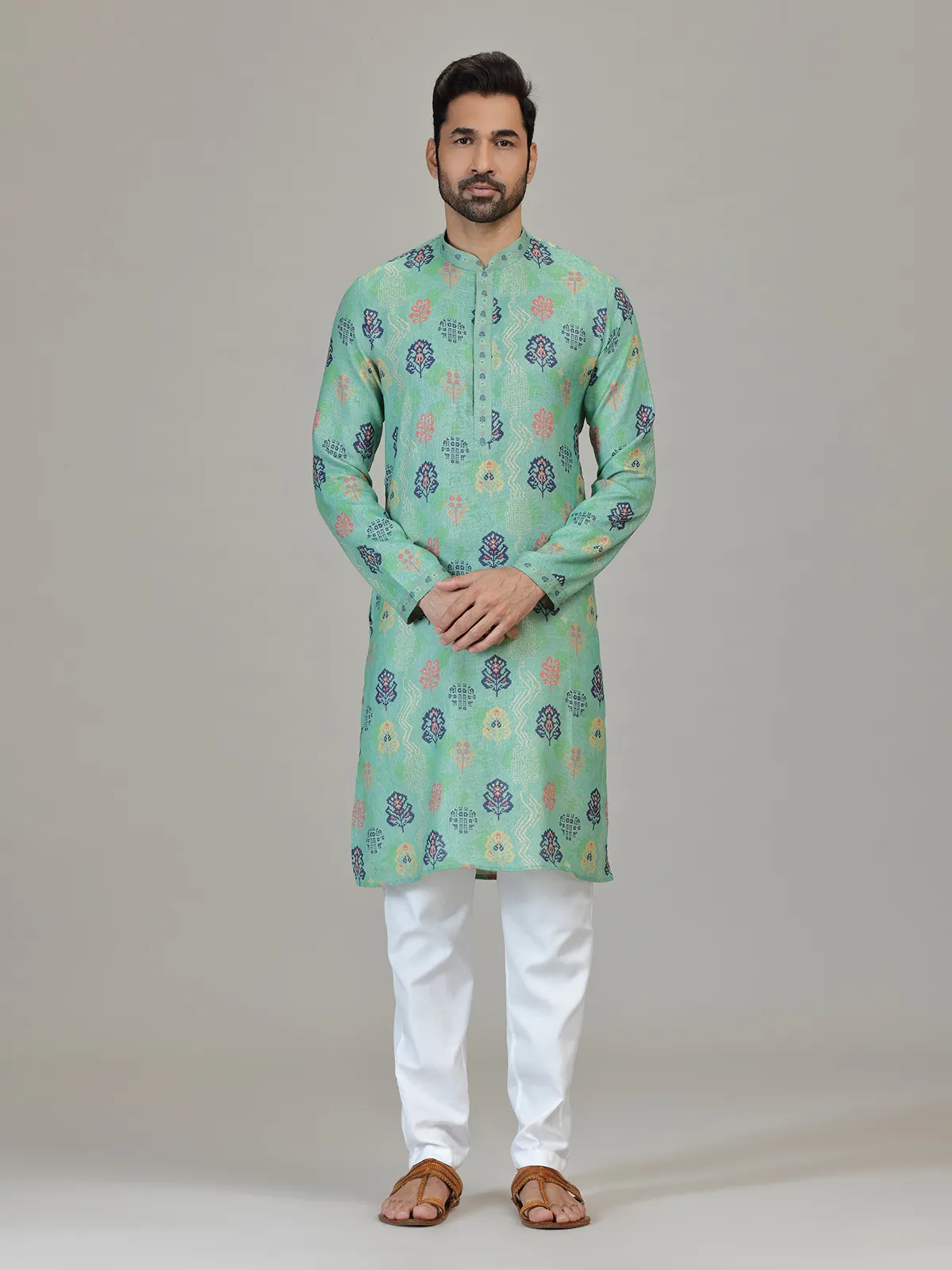 Mint blue cotton linen vibrant printed kurta suit