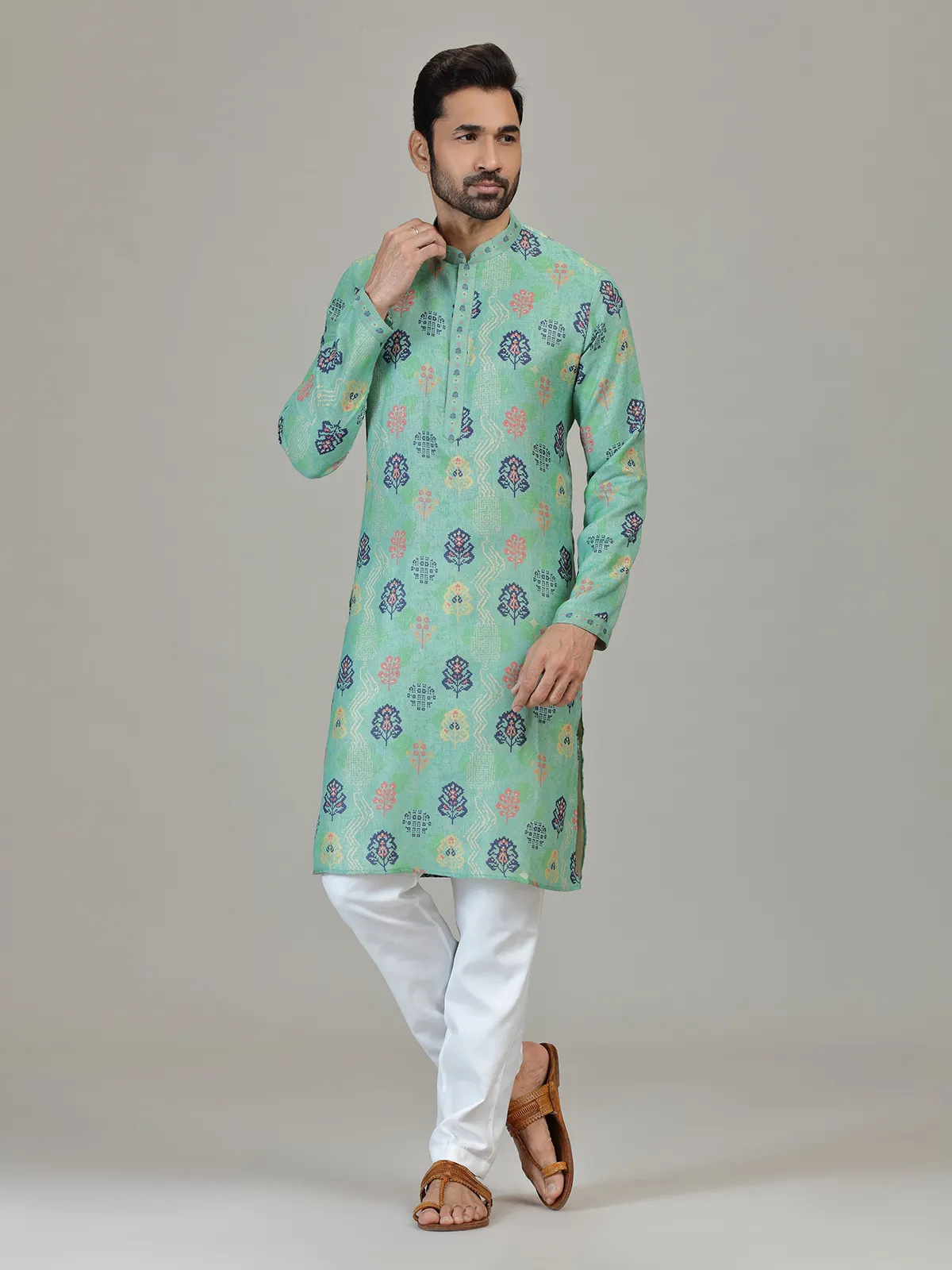 Mint blue cotton linen vibrant printed kurta suit
