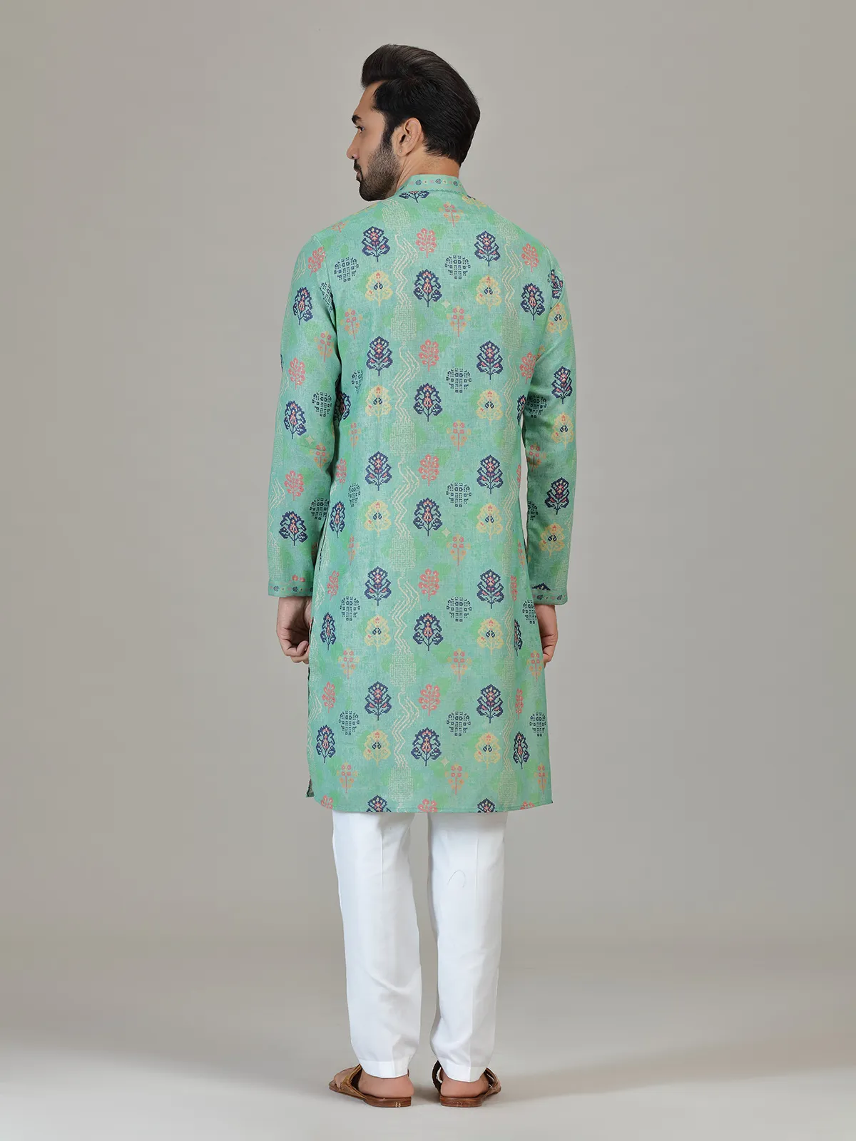 Mint blue cotton linen vibrant printed kurta suit