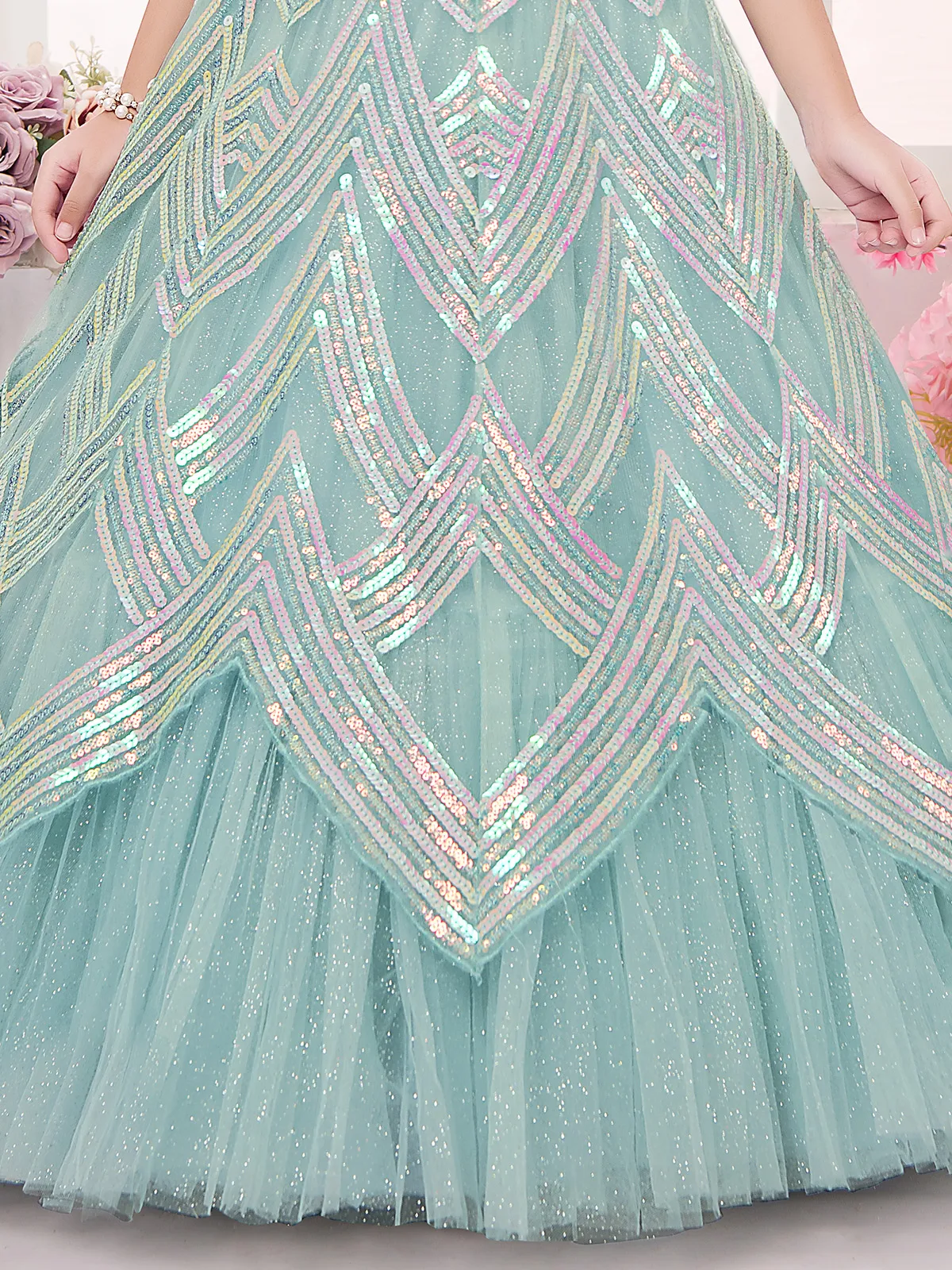 Mint blue net designer floor length girls gown