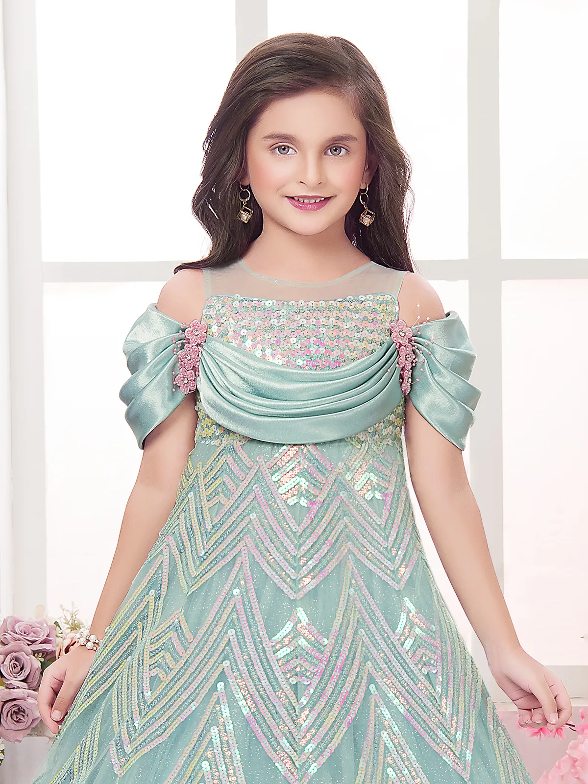 Mint blue net designer floor length girls gown