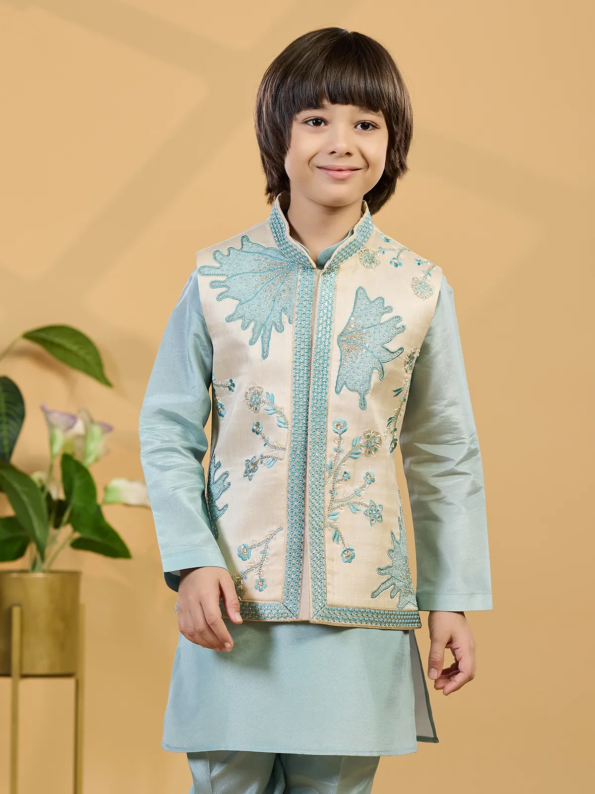Mint blue silk waistcoat set with rich embellishment