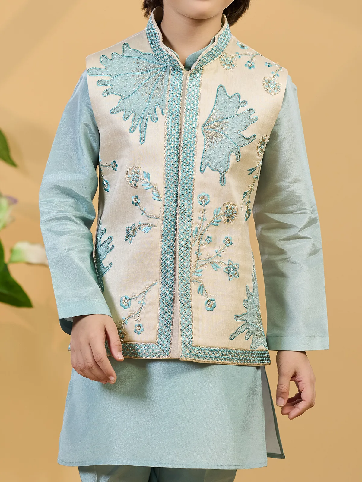 Mint blue silk waistcoat set with rich embellishment