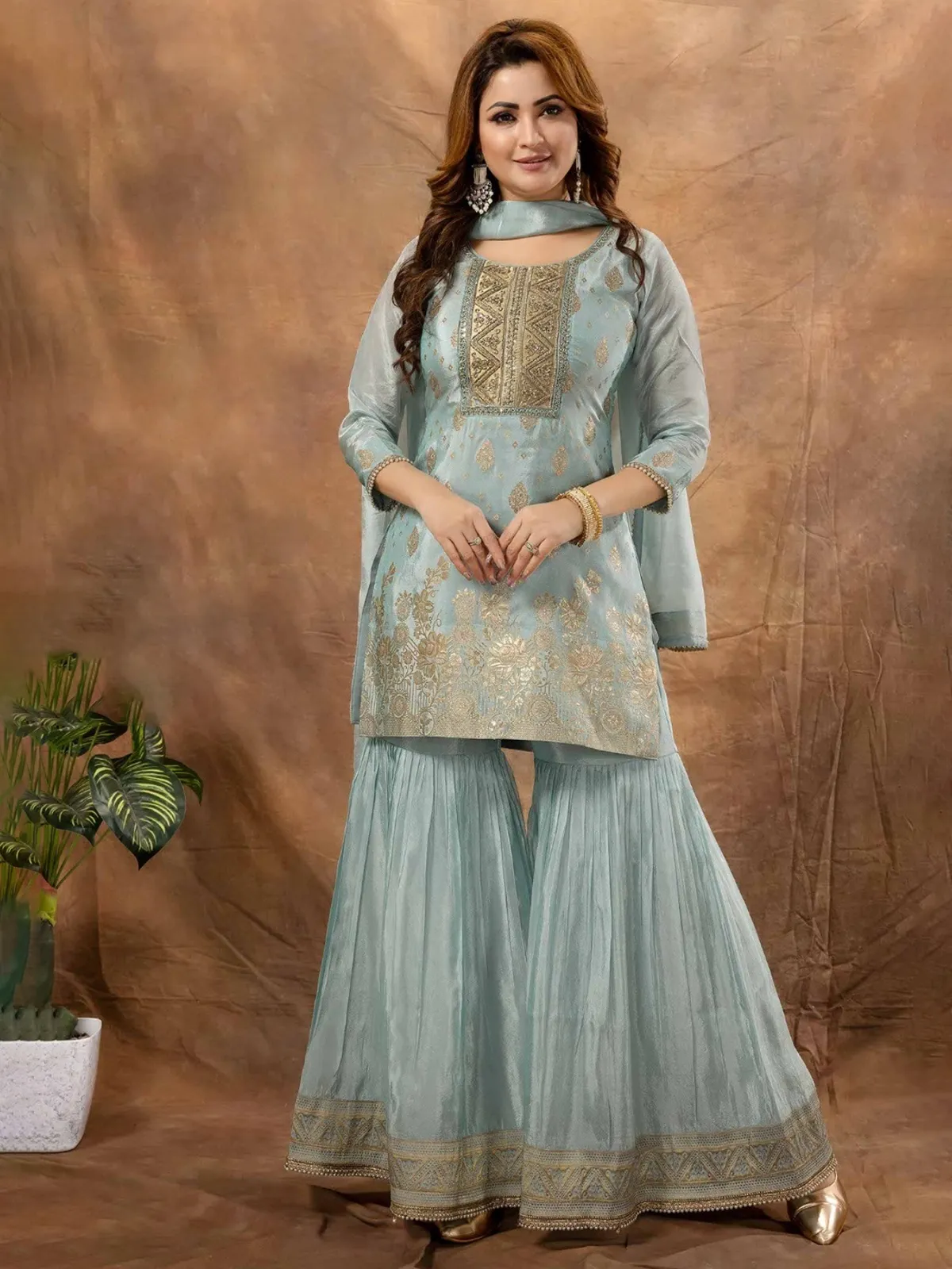 Mint blue tissue silk sharara suit for wedding