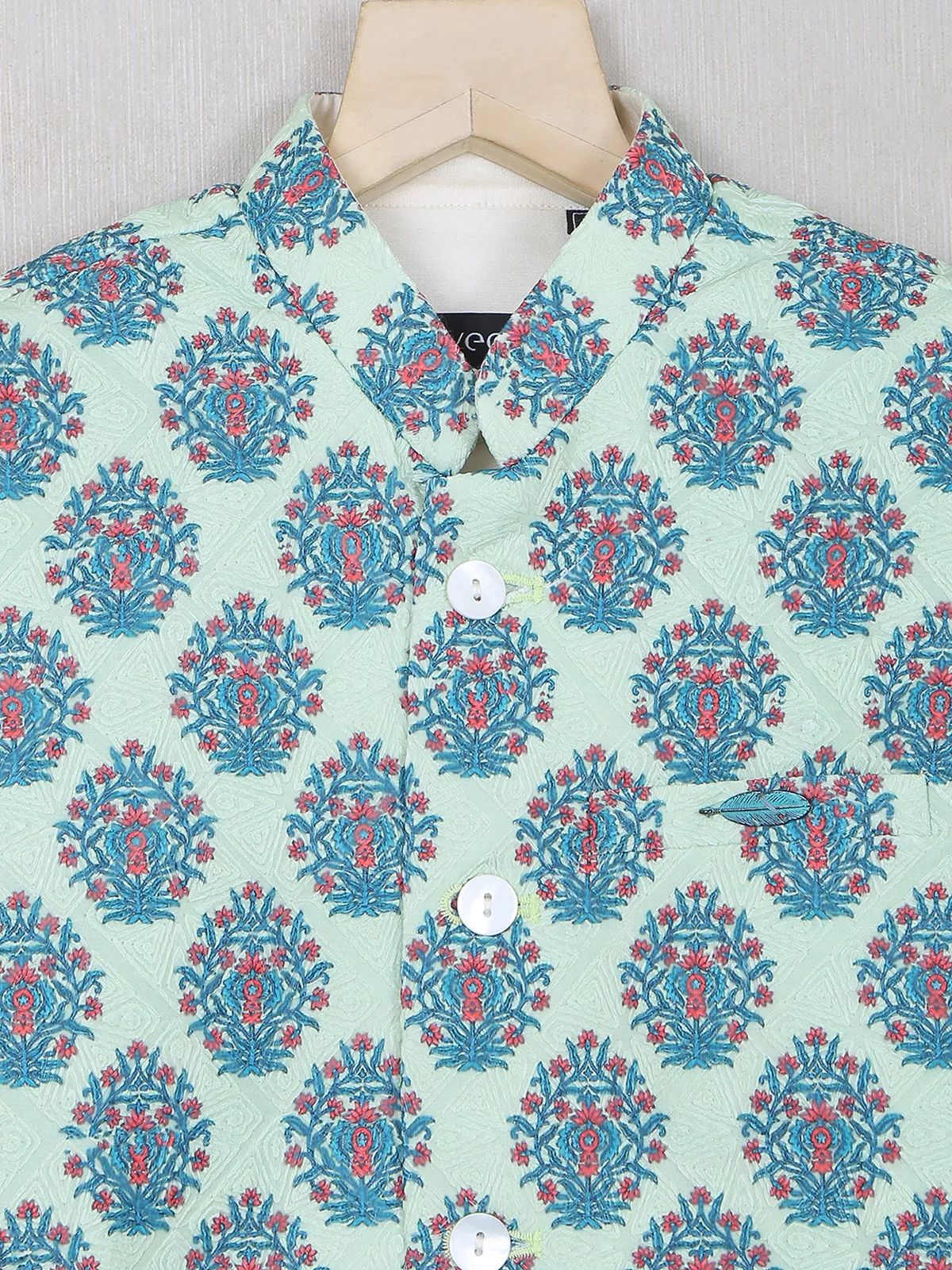 Mint green color printed waistcoat set for festive