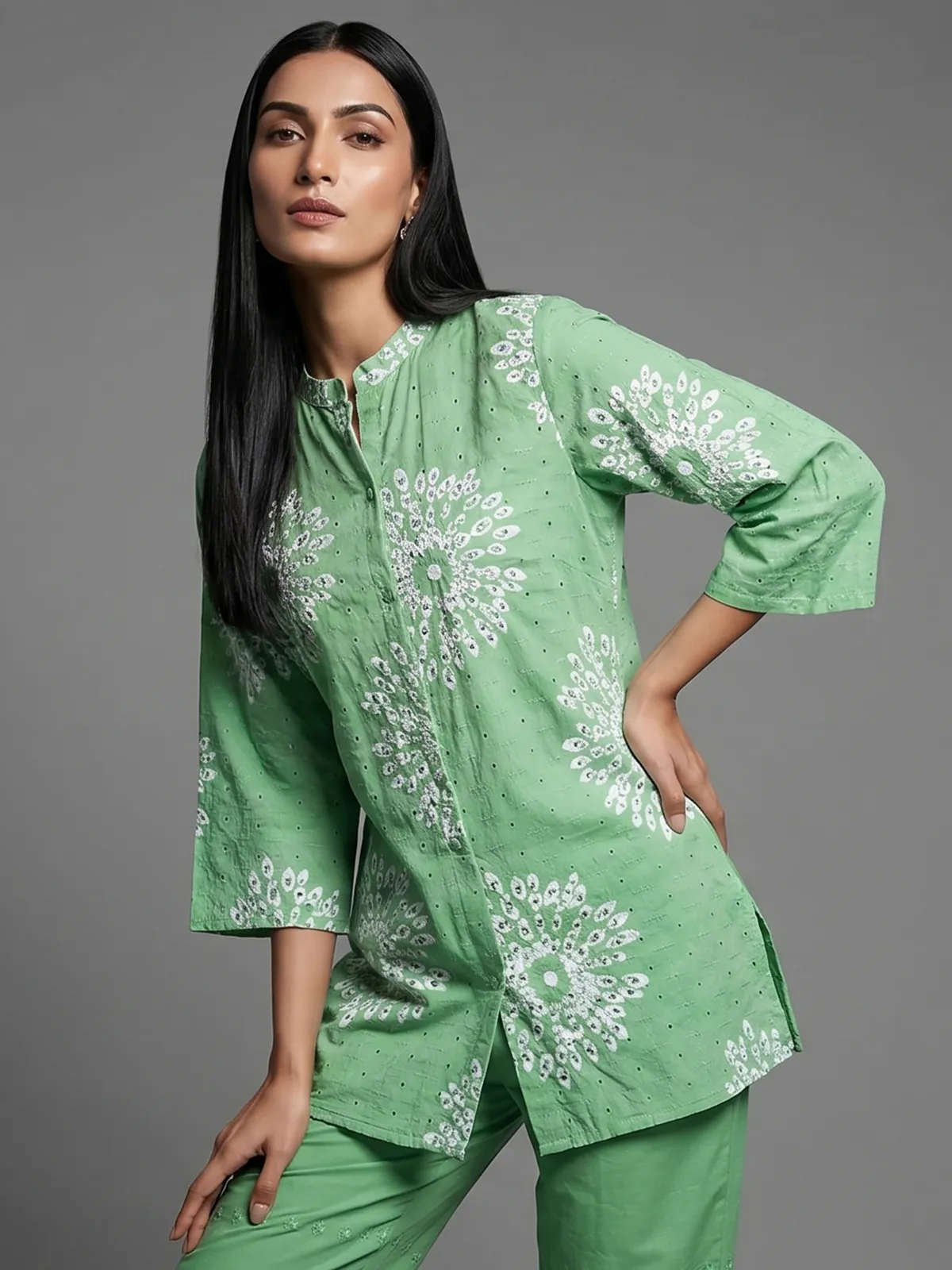 Mint green cotton co ord set with floral cut work