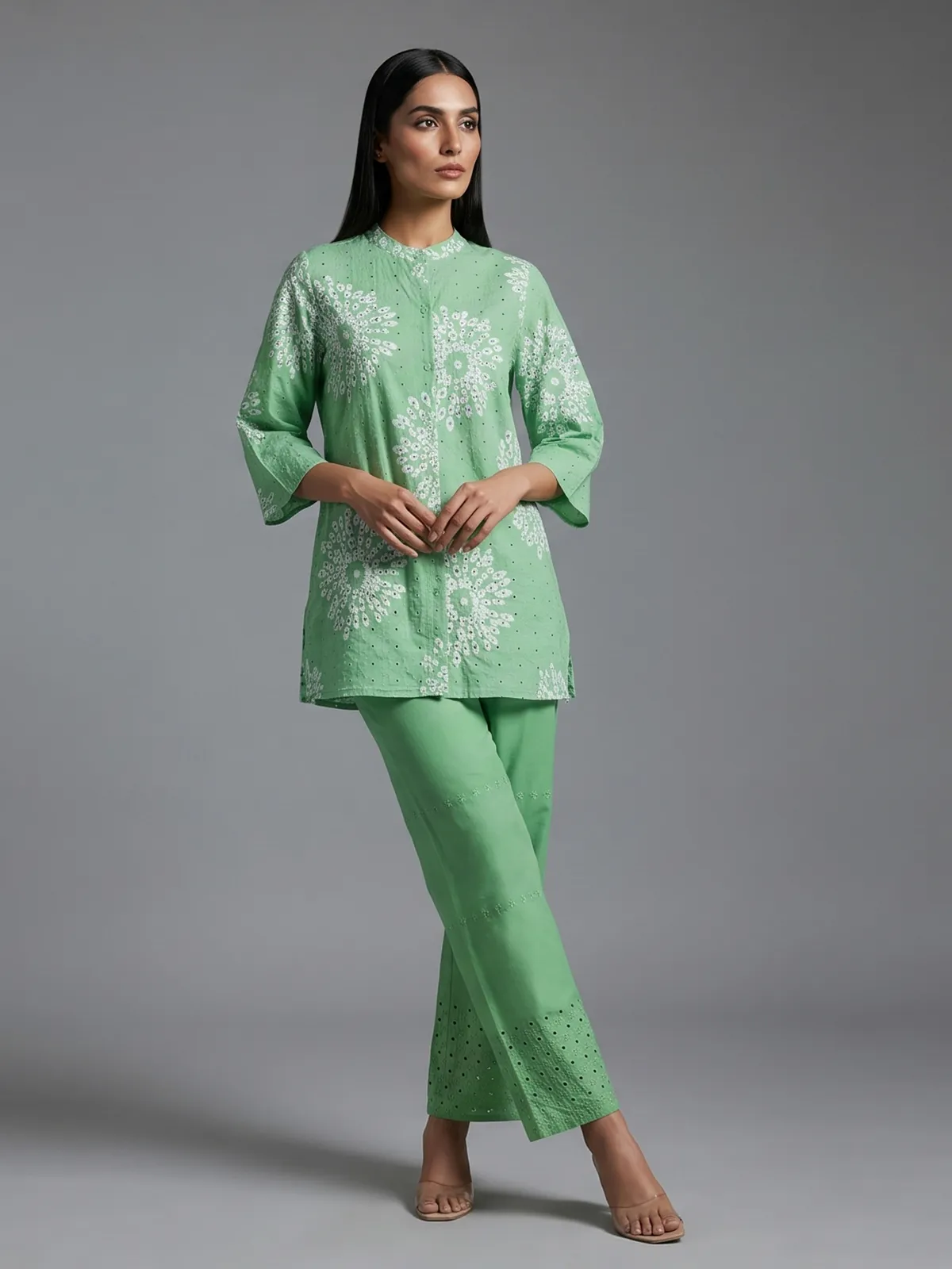 Mint green cotton co ord set with floral cut work