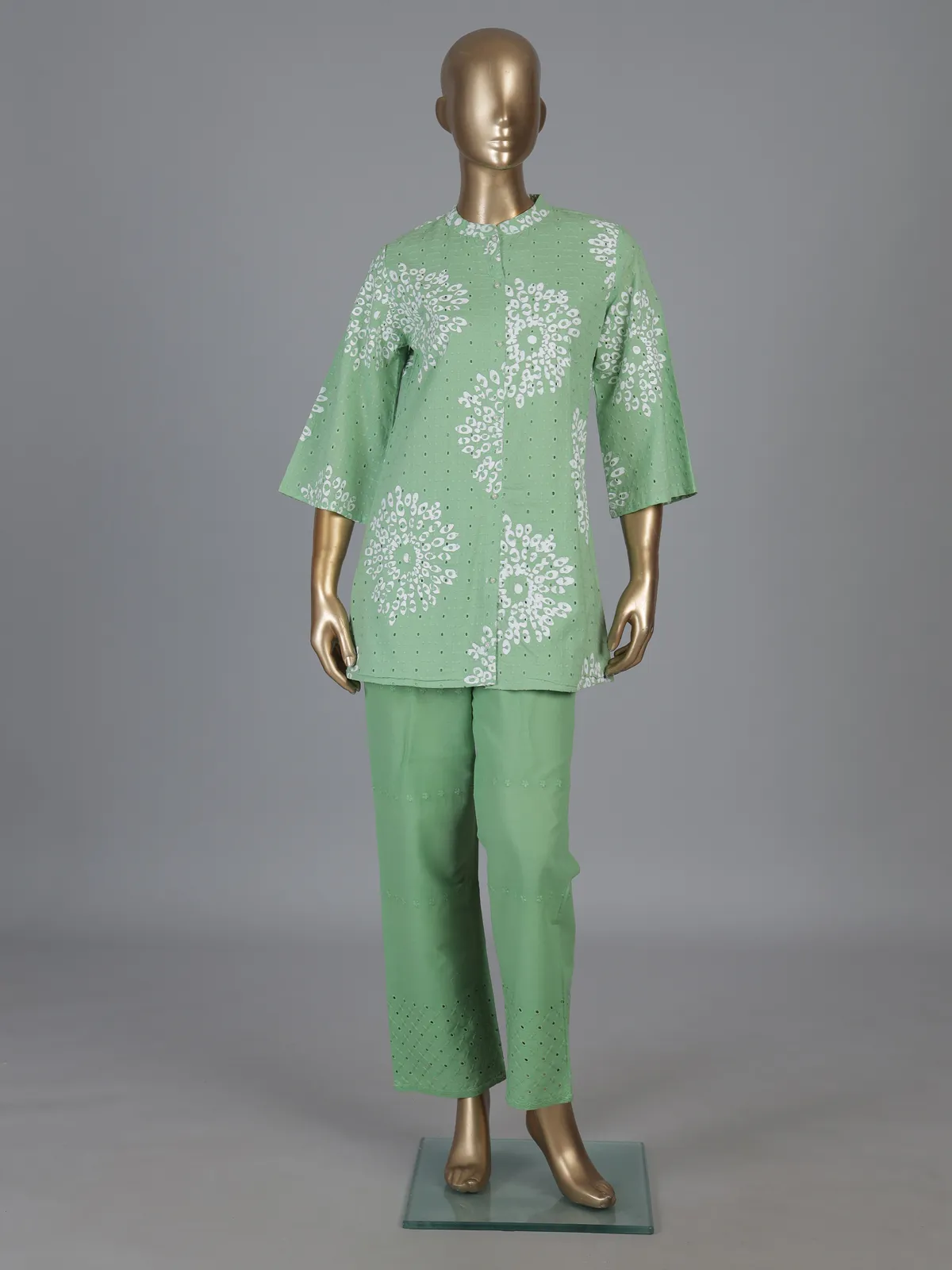 Mint green cotton co ord set with floral cut work