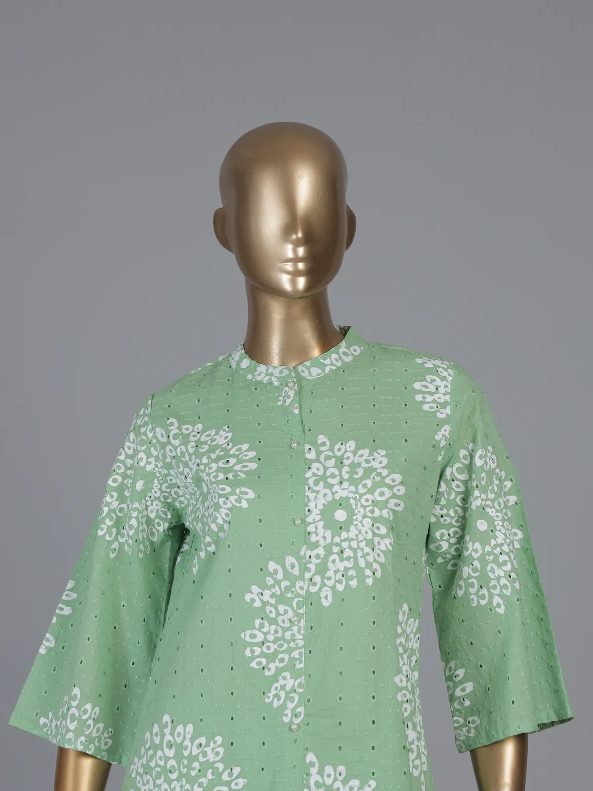 Mint green cotton co ord set with floral cut work