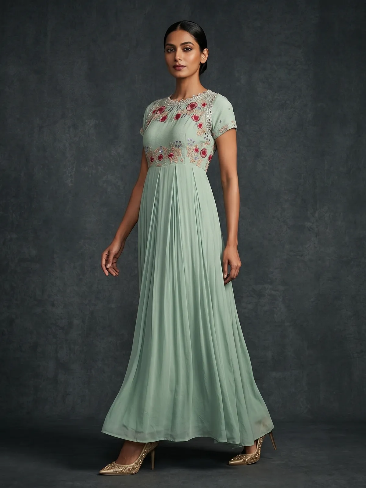 marilyn monroe green sequin dress Retro Stage Embroidered Floral Midi Dress 100% Cotton Mint Green main image 1