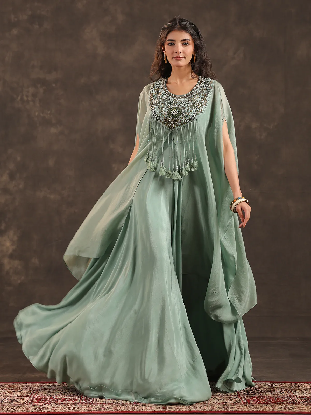 organza kaftan dress Mint Green Organza Designer Kaftan Palazzo Suit With Zardosi