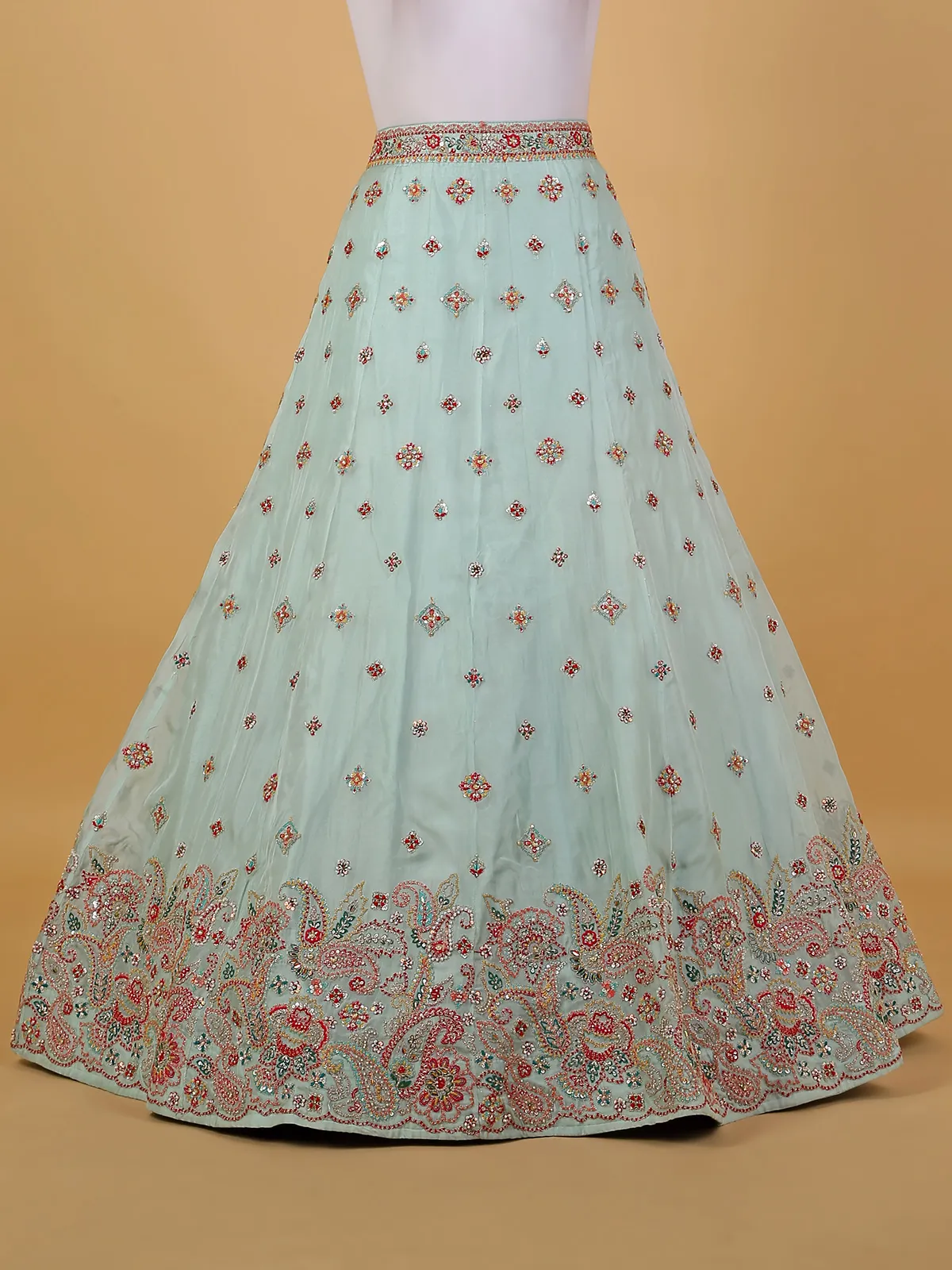 Mint green organza unstitched lehenga choli